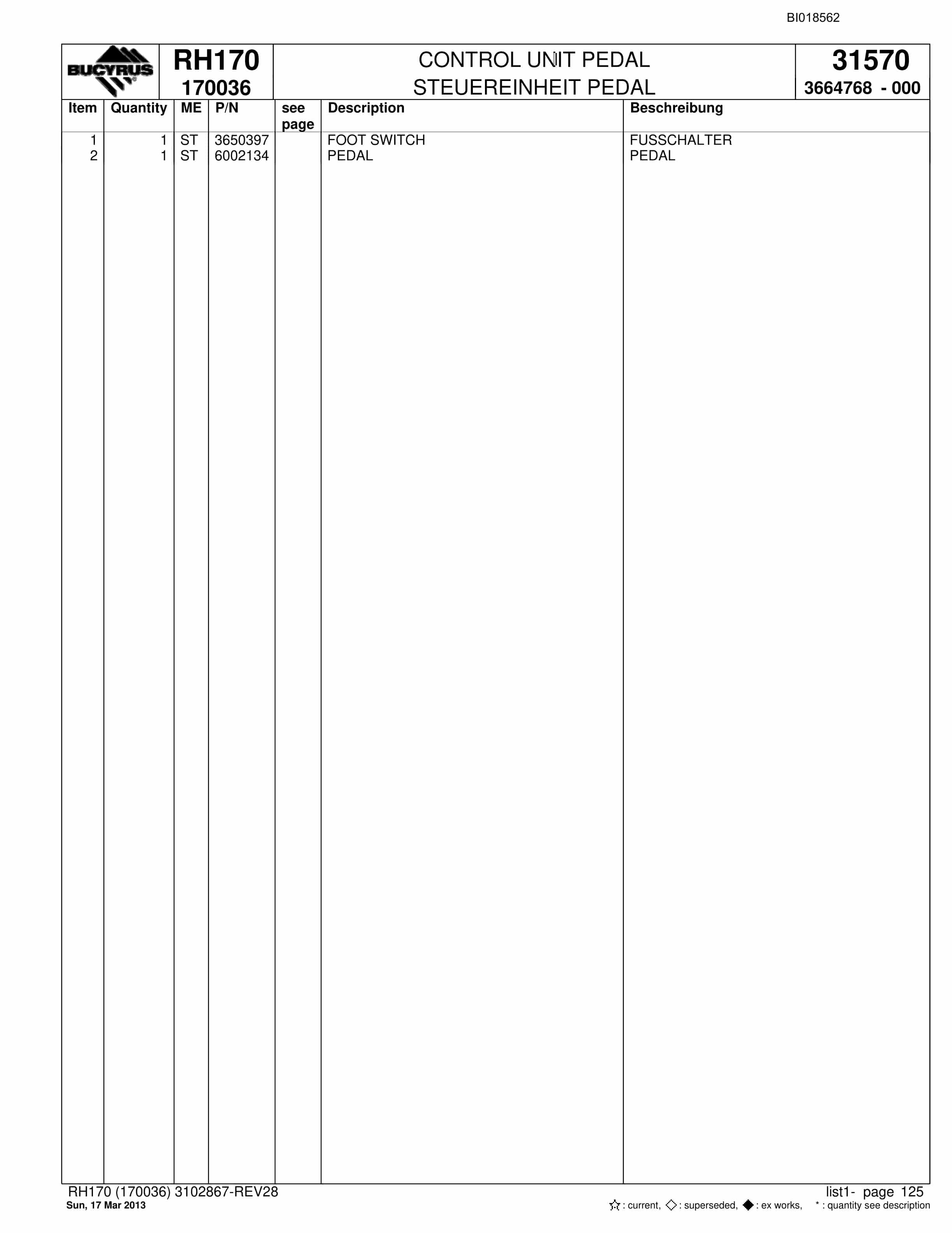 Bucyrus RH170 Hydraulic Excavator Parts Catalog BI018562-5