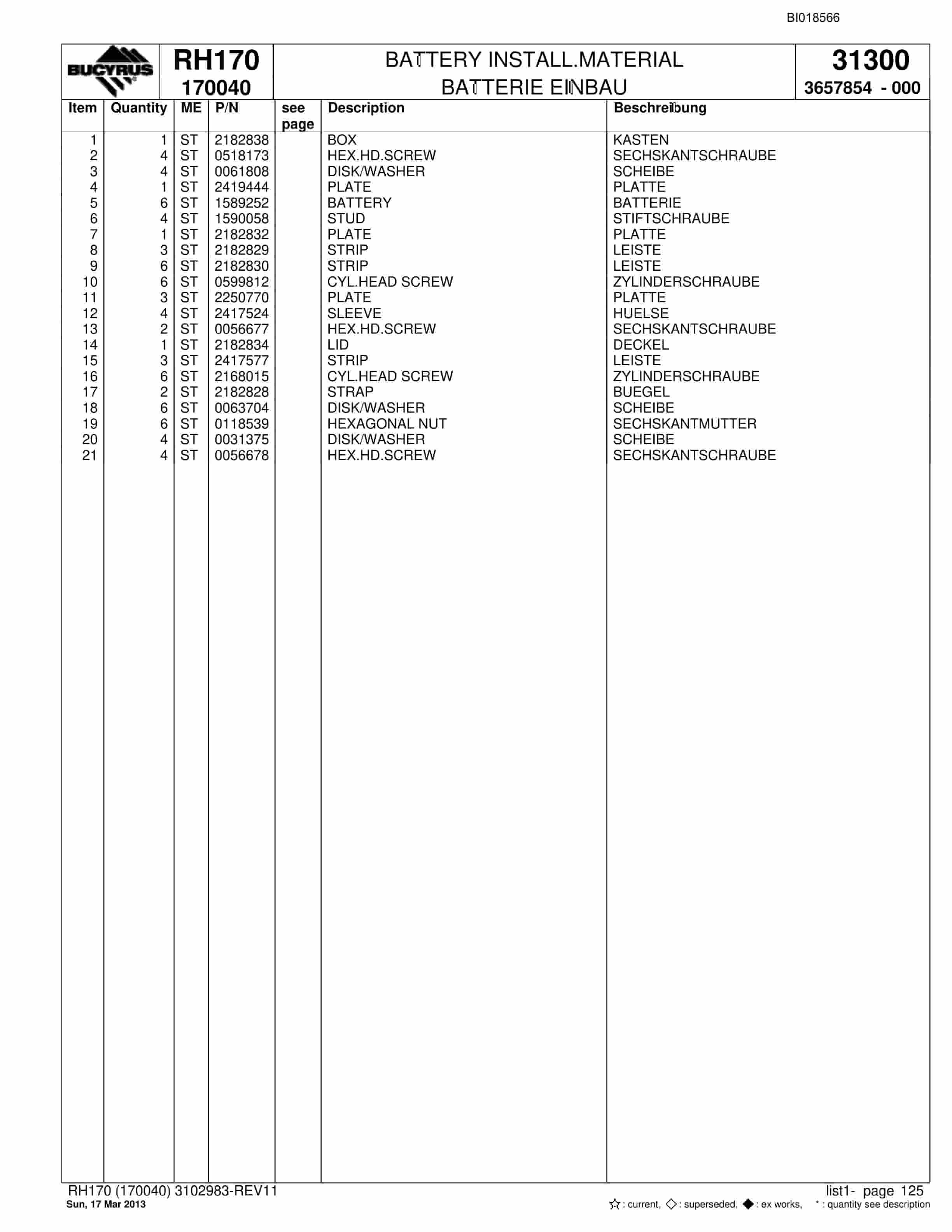 Bucyrus RH170 Hydraulic Excavator Parts Catalog BI018566-5