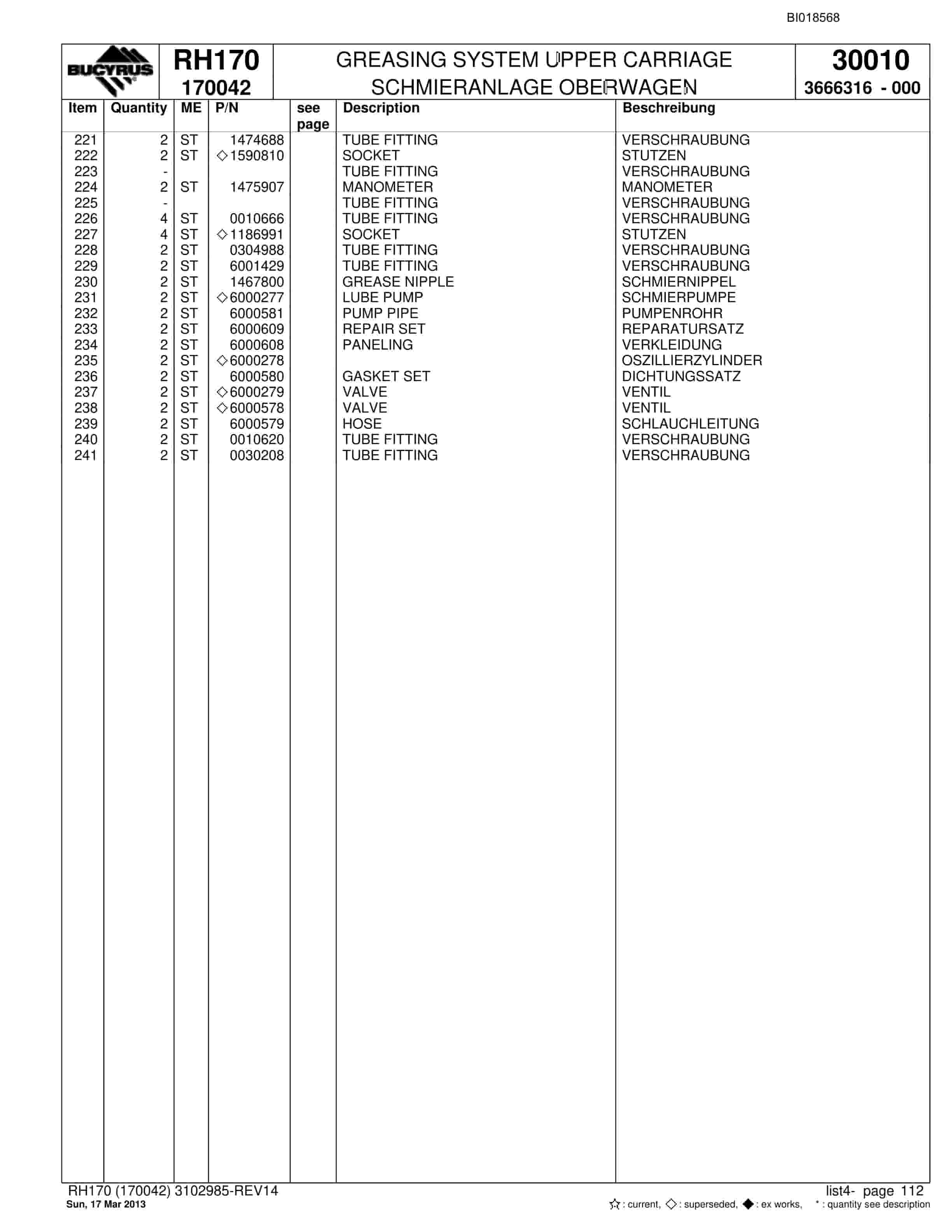 Bucyrus RH170 Hydraulic Excavator Parts Catalog BI018568-4