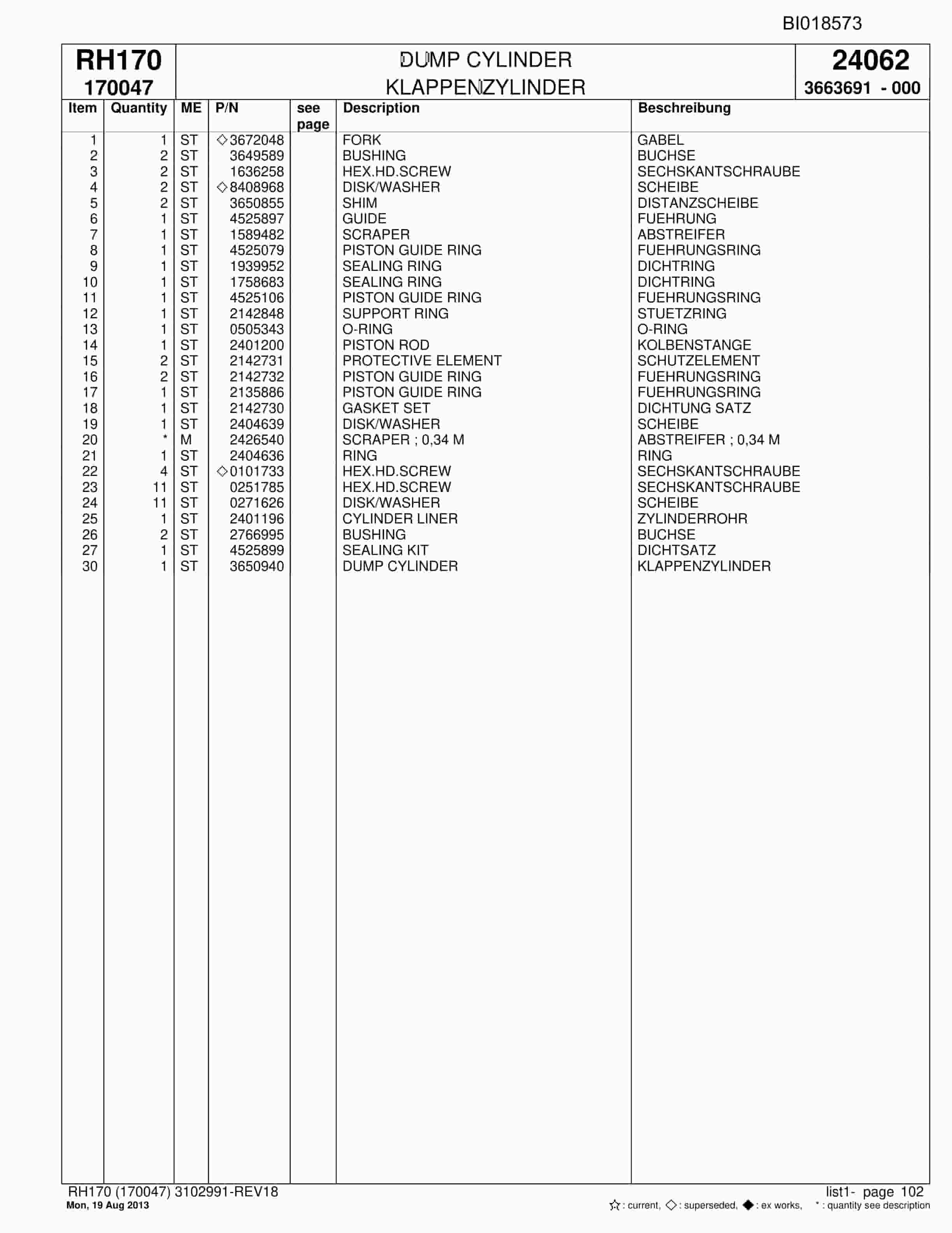 Bucyrus RH170 Hydraulic Excavator Parts Catalog BI018573-3