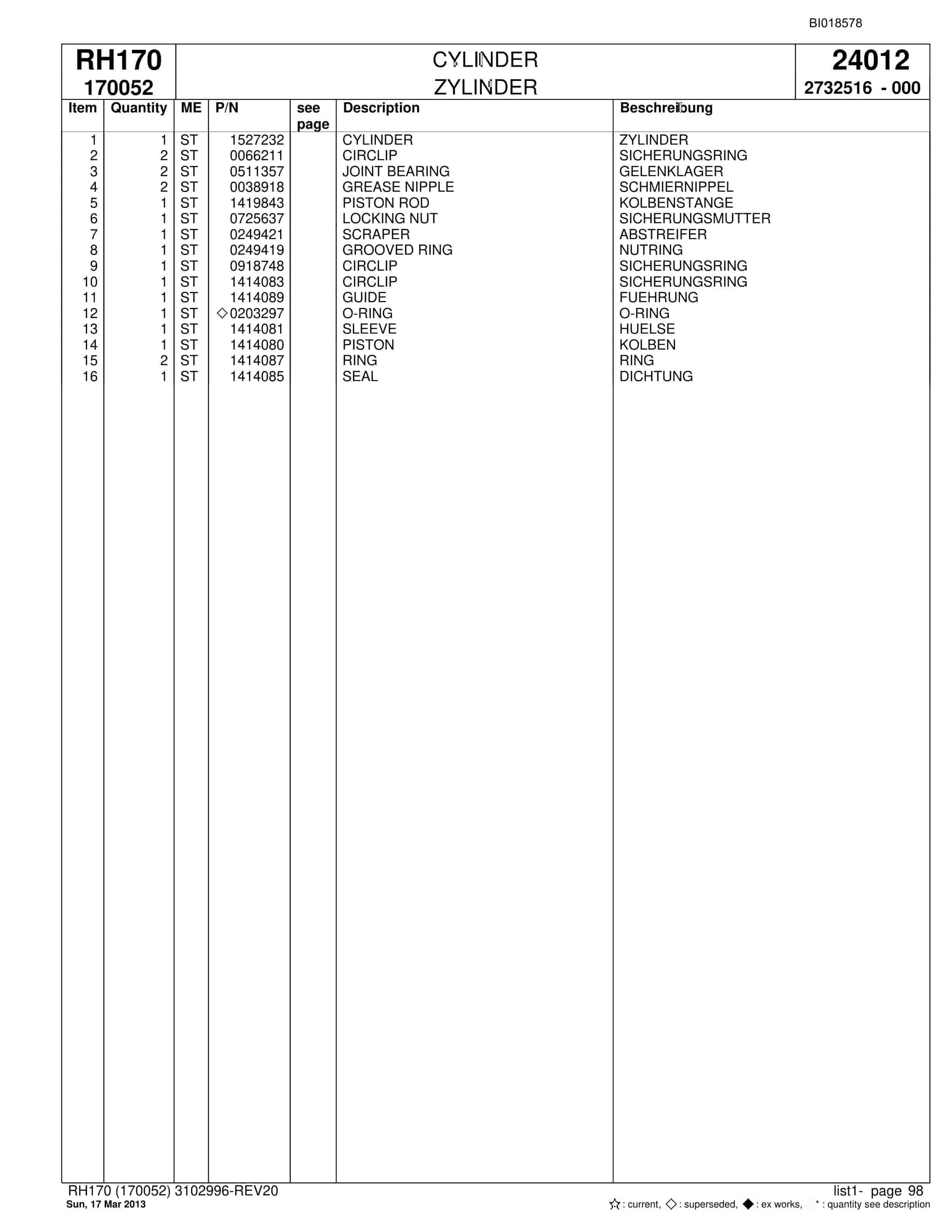 Bucyrus RH170 Hydraulic Excavator Parts Catalog BI018578-3