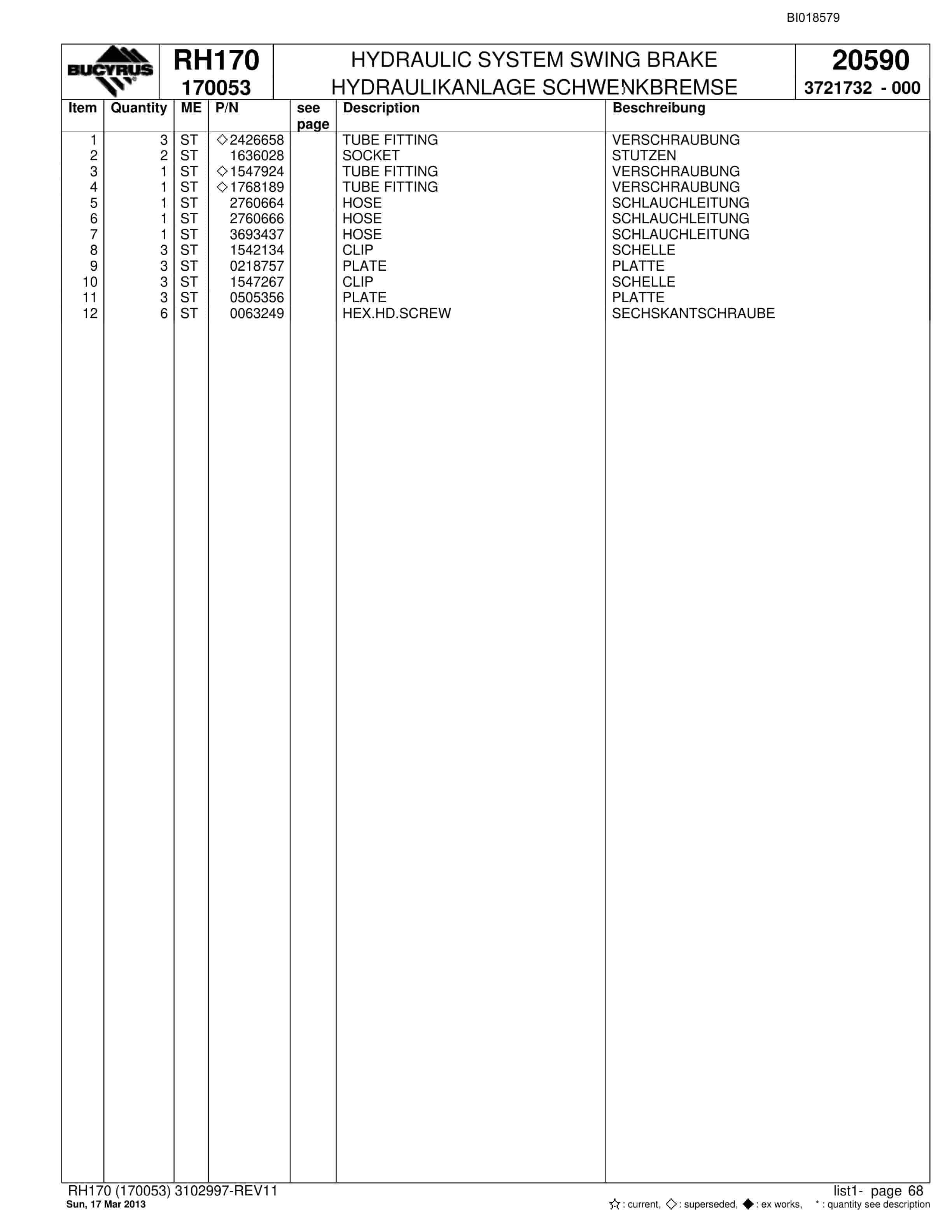 Bucyrus RH170 Hydraulic Excavator Parts Catalog BI018579-2
