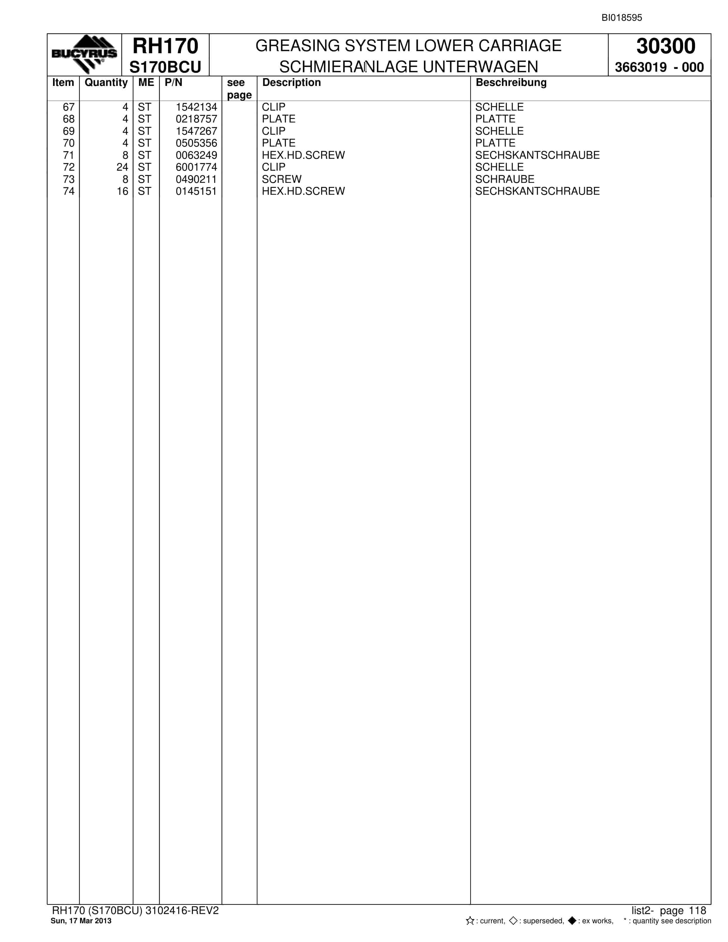 Bucyrus RH170 Hydraulic Excavator Parts Catalog BI018595-5