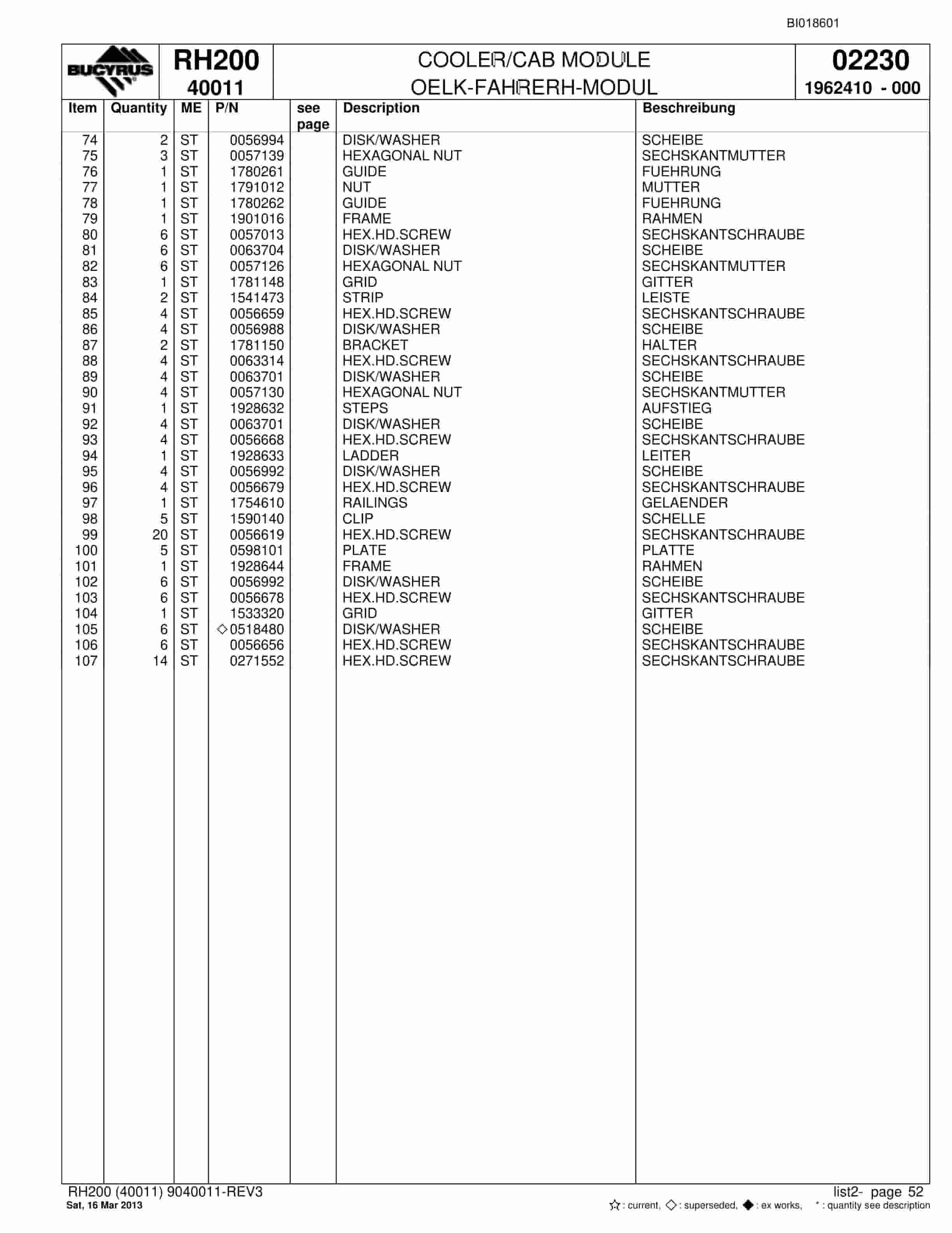 Bucyrus RH200 Hydraulic Excavator Parts Catalog BI018601-2