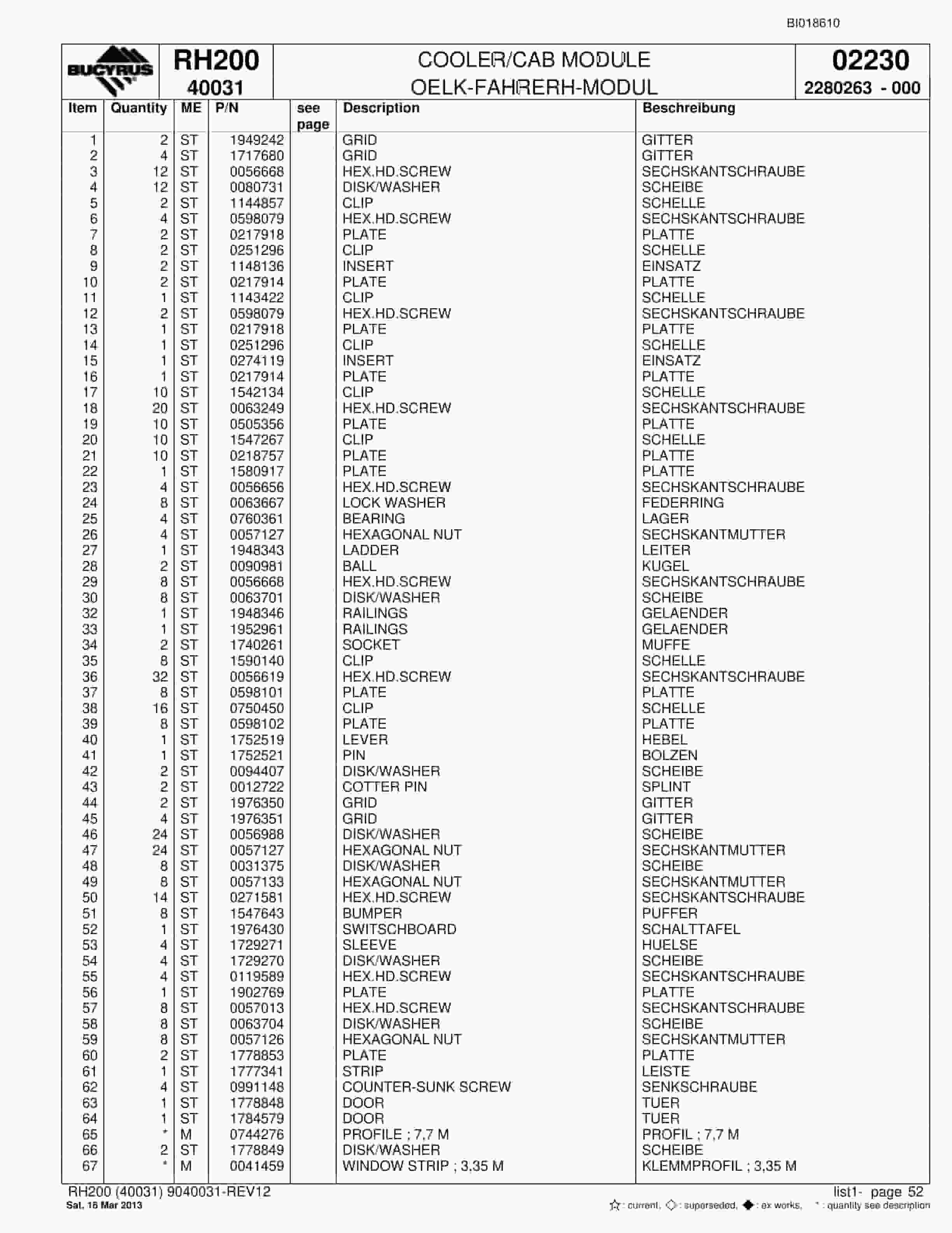 Bucyrus RH200 Hydraulic Excavator Parts Catalog BI018610-2