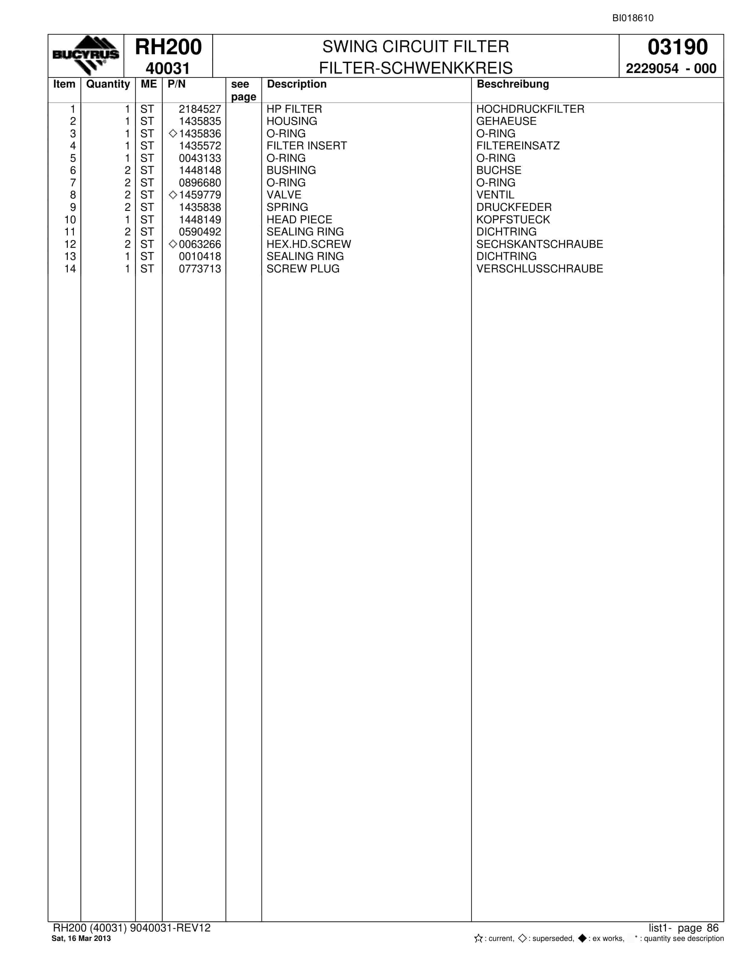 Bucyrus RH200 Hydraulic Excavator Parts Catalog BI018610-5