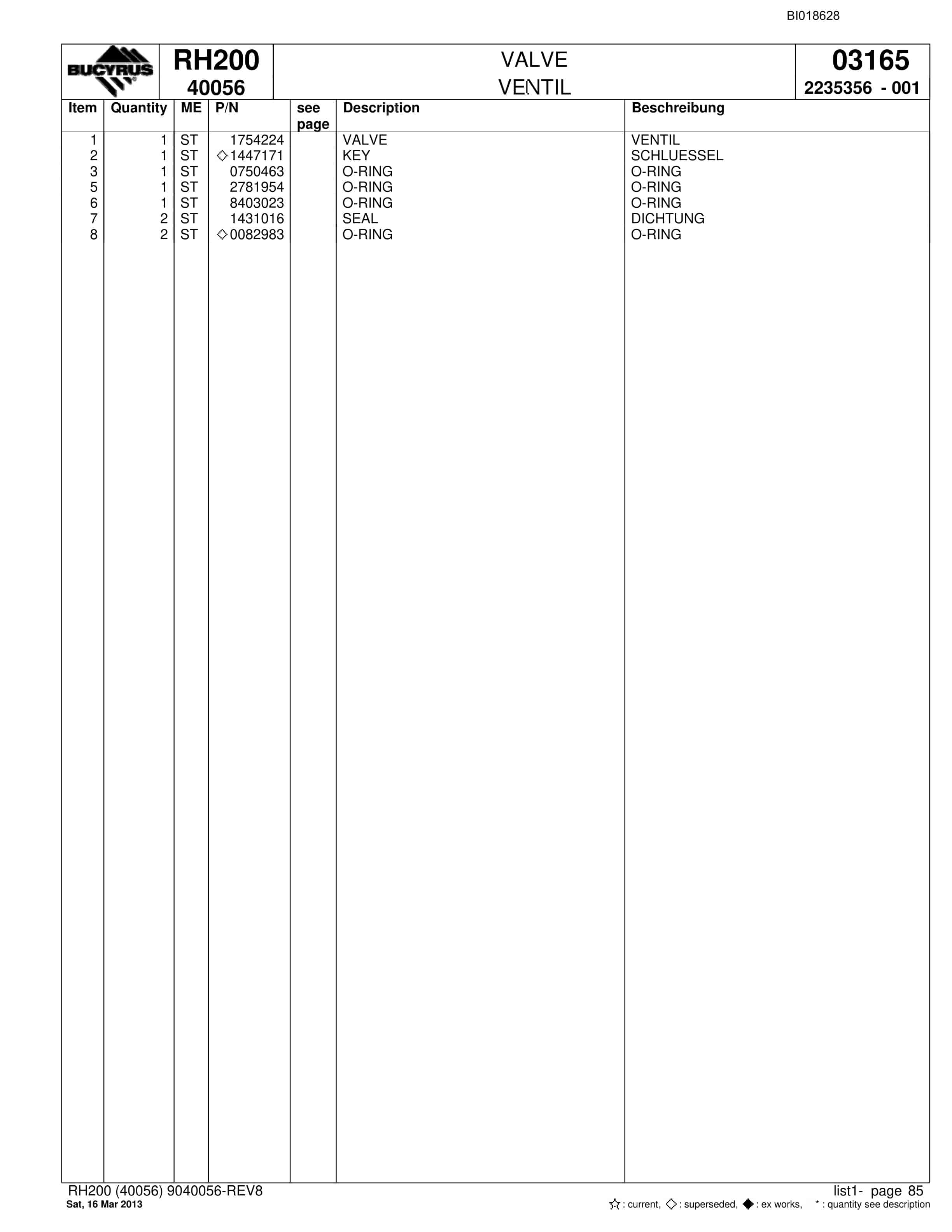 Bucyrus RH200 Hydraulic Excavator Parts Catalog BI018628-5