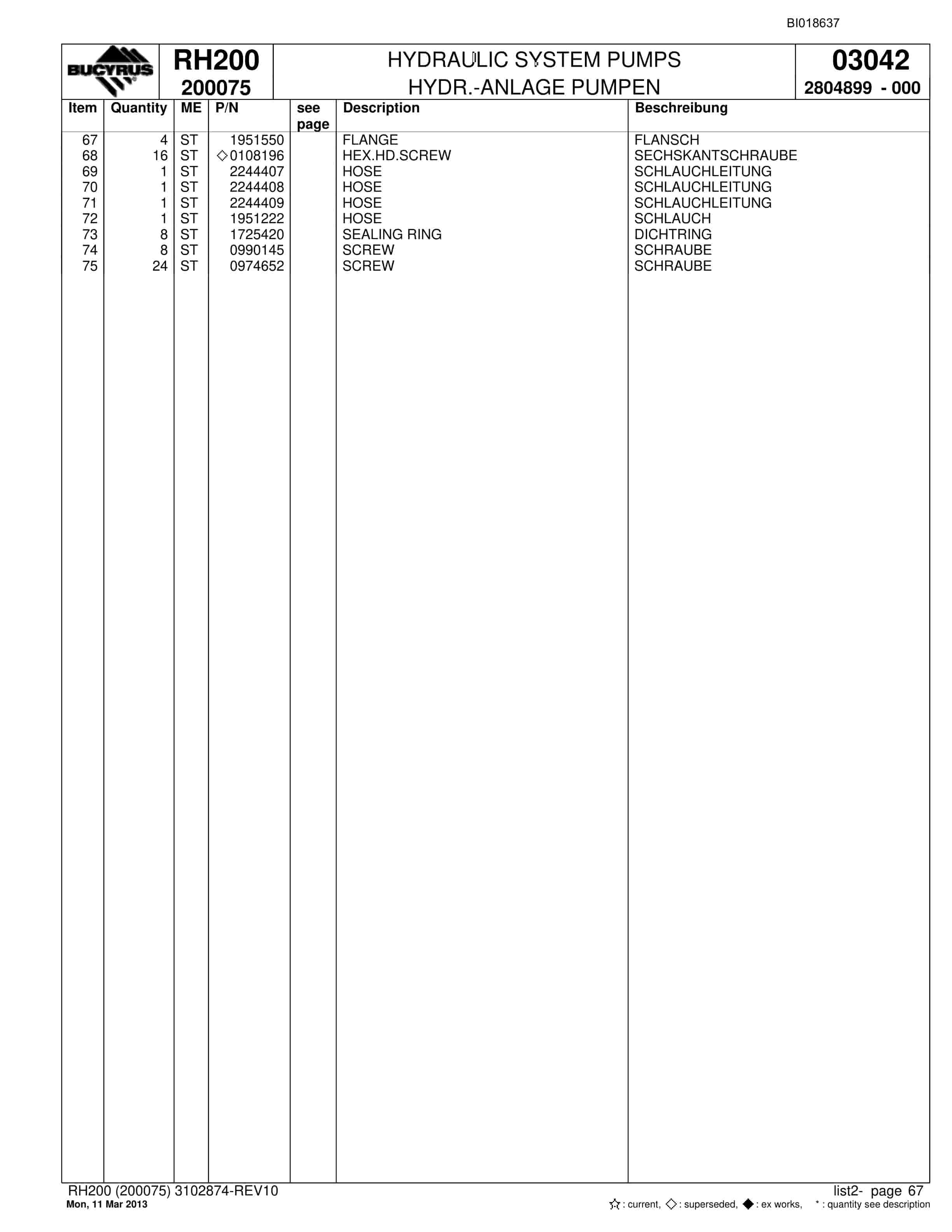 Bucyrus RH200 Hydraulic Excavator Parts Catalog BI018637-3