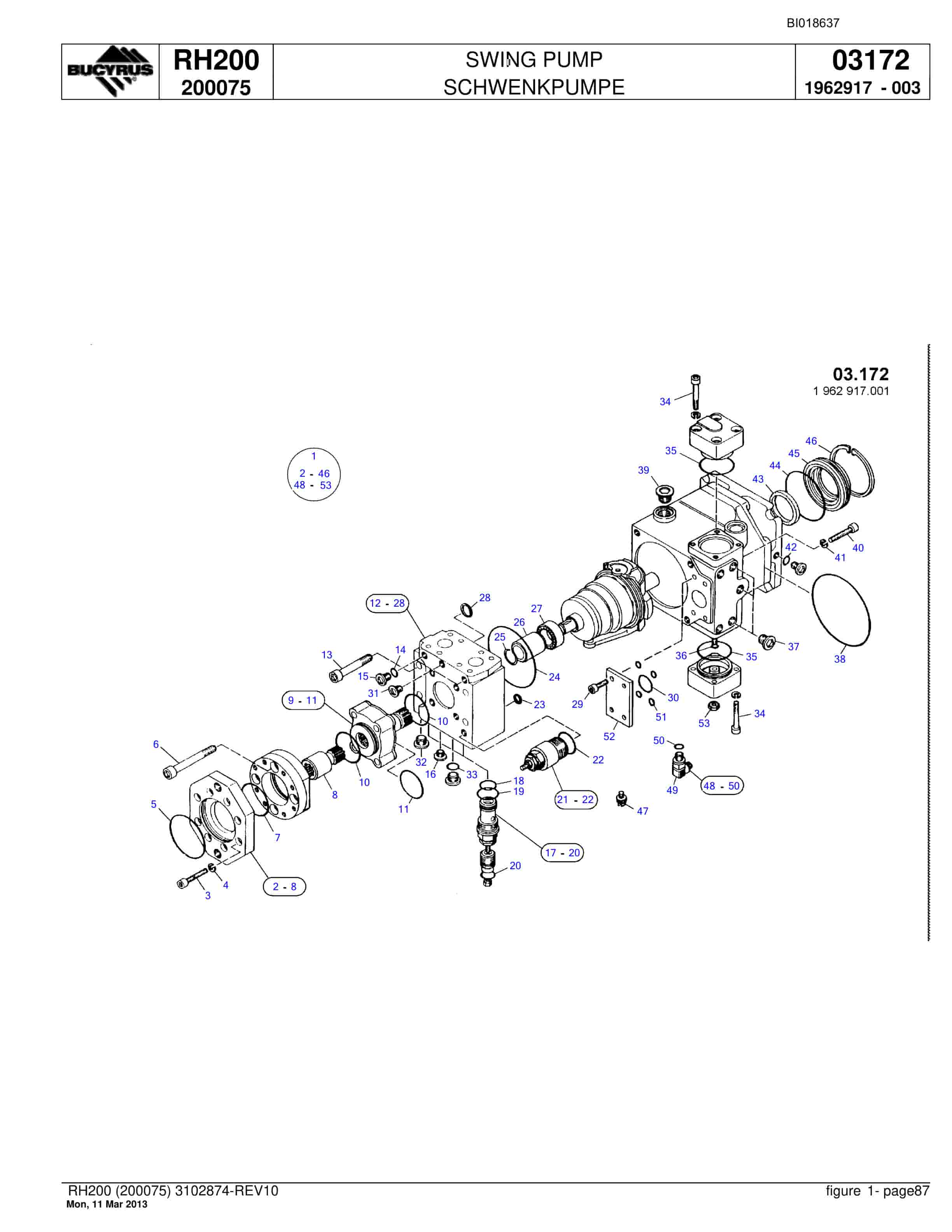 Bucyrus RH200 Hydraulic Excavator Parts Catalog BI018637-5