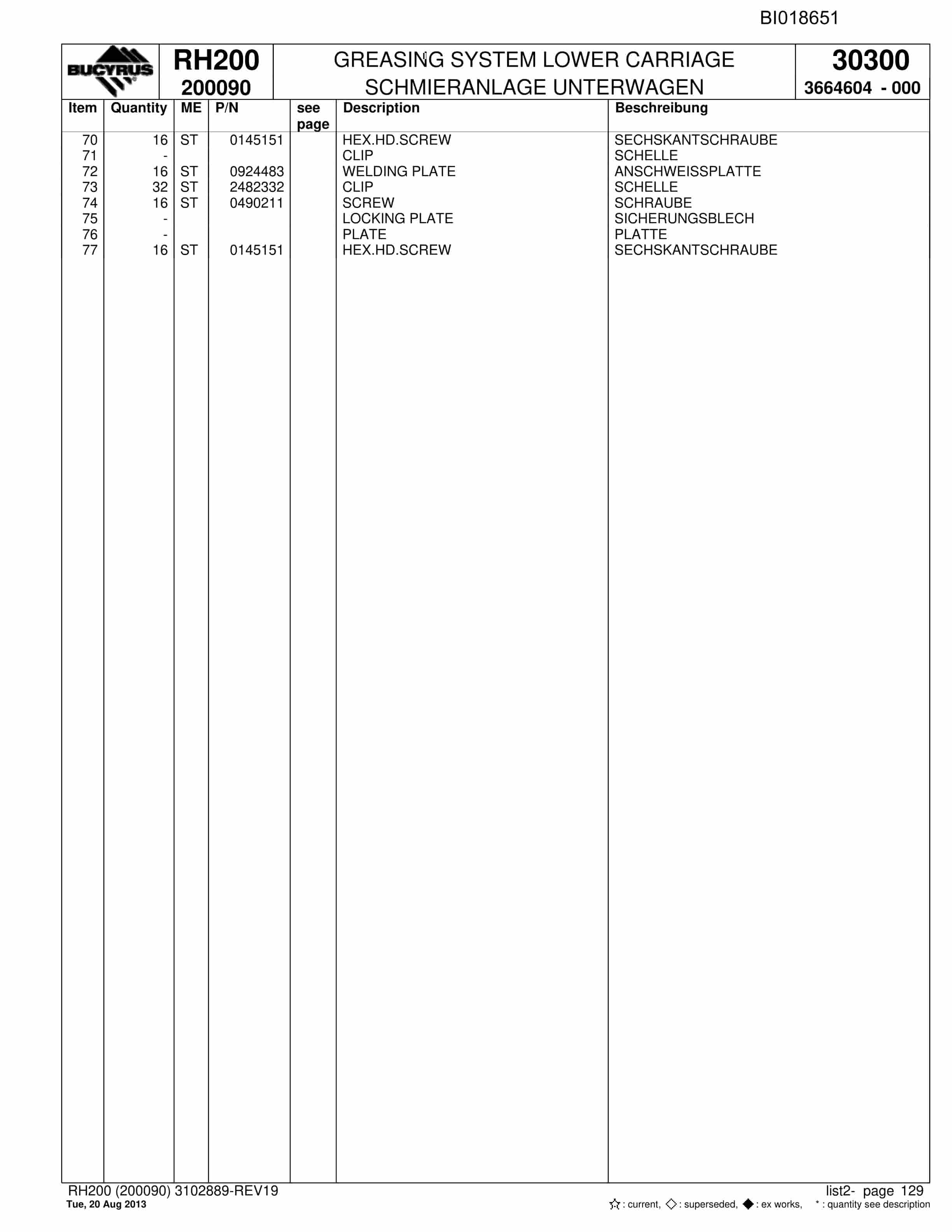 Bucyrus RH200 Hydraulic Excavator Parts Catalog BI018651-5