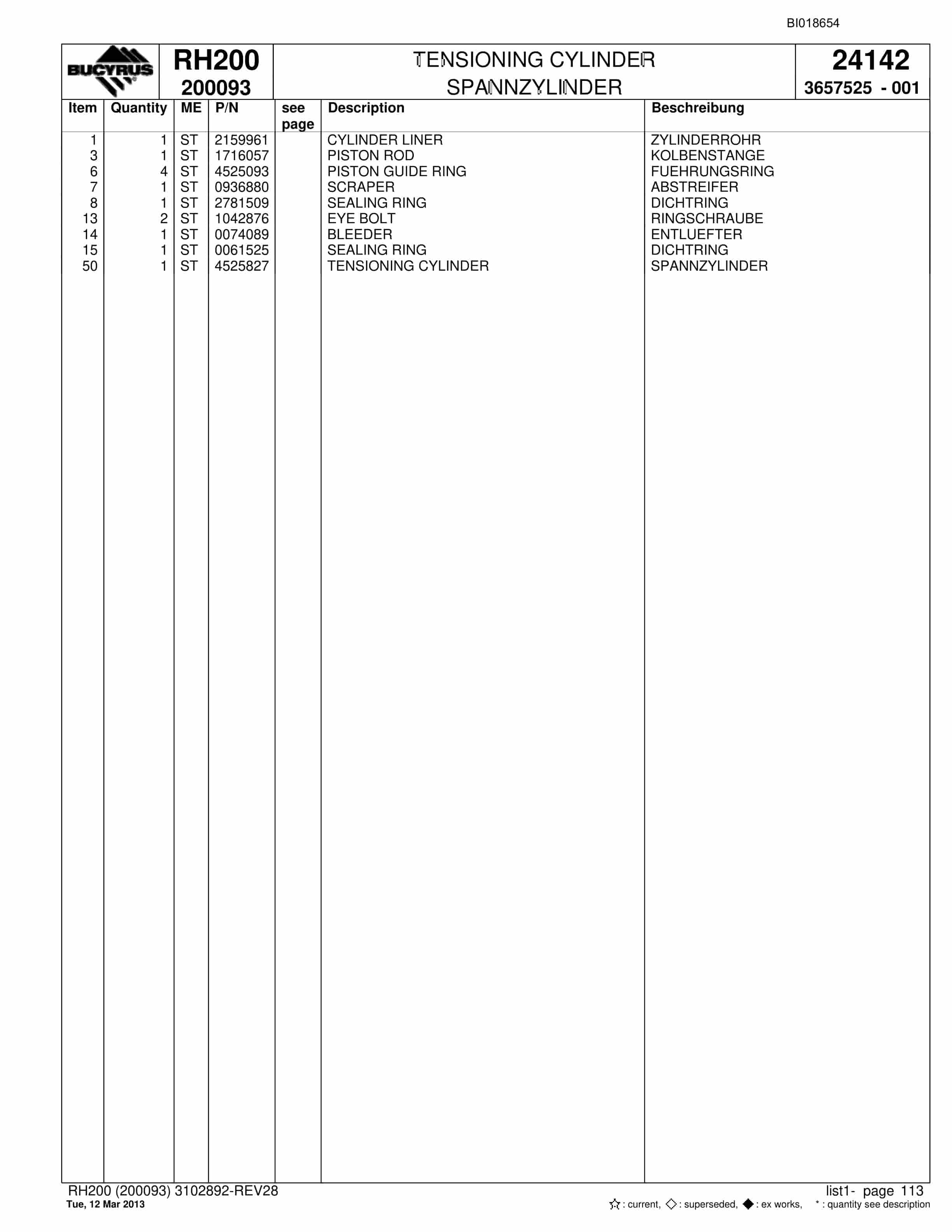 Bucyrus RH200 Hydraulic Excavator Parts Catalog BI018654-3