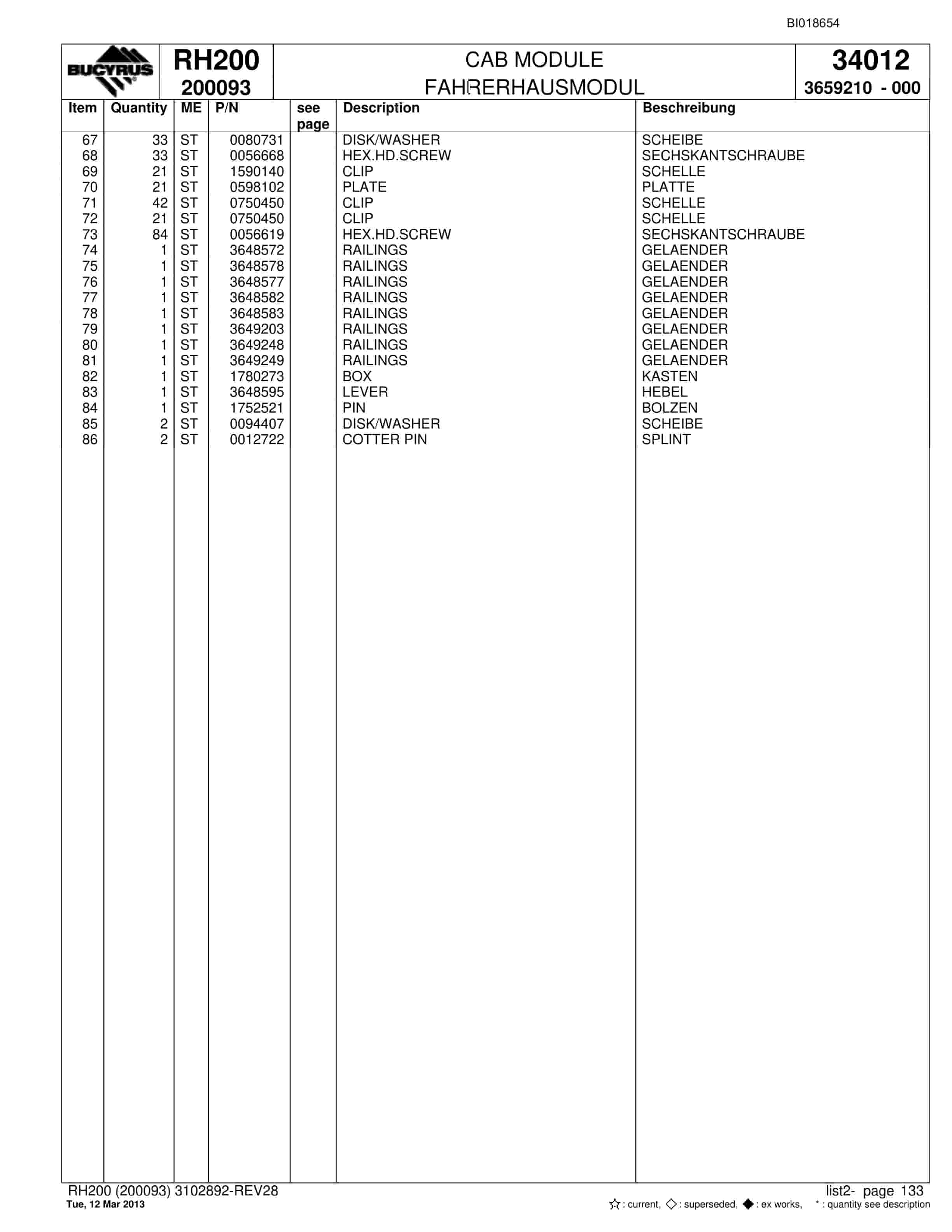 Bucyrus RH200 Hydraulic Excavator Parts Catalog BI018654-5