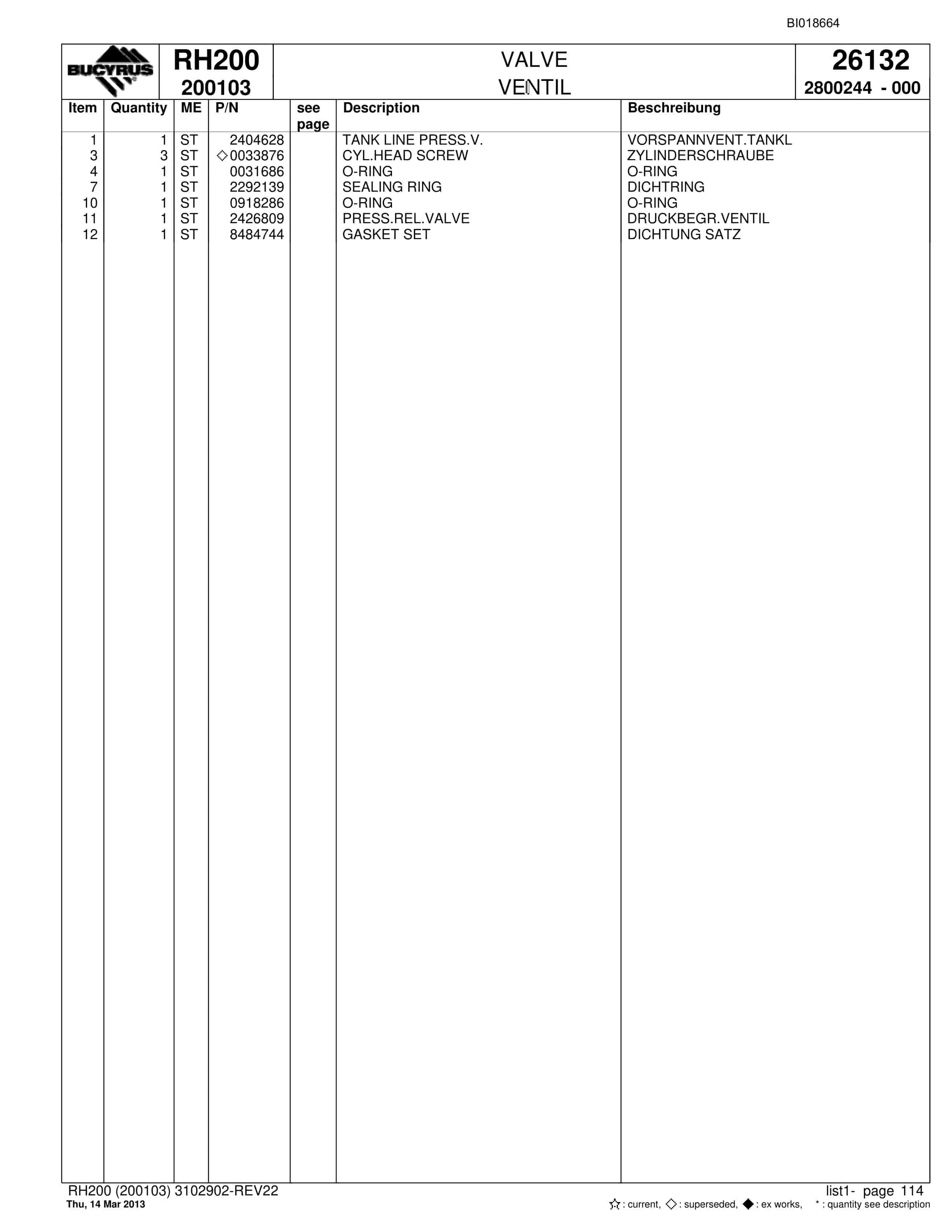 Bucyrus RH200 Hydraulic Excavator Parts Catalog BI018664-3