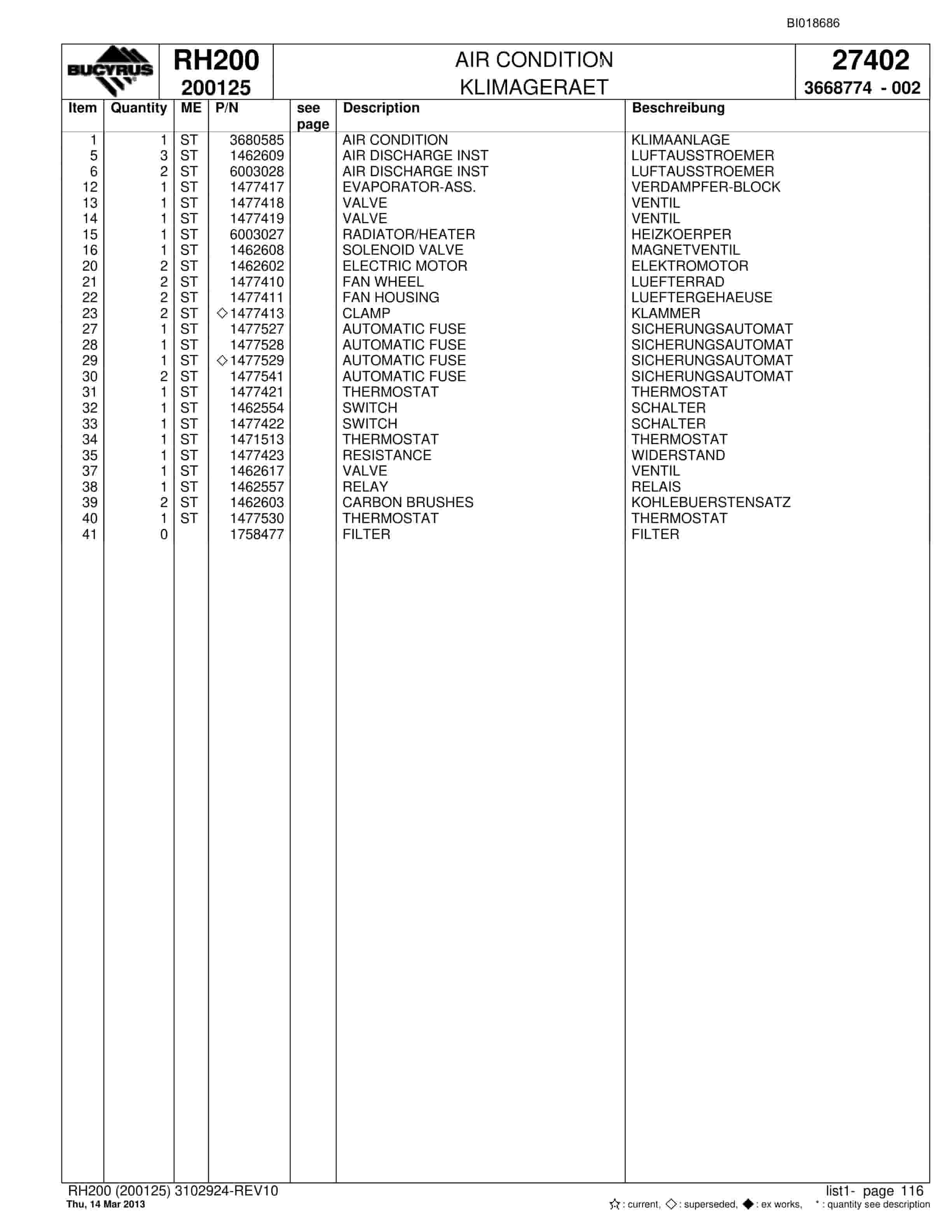 Bucyrus RH200 Hydraulic Excavator Parts Catalog BI018686-4