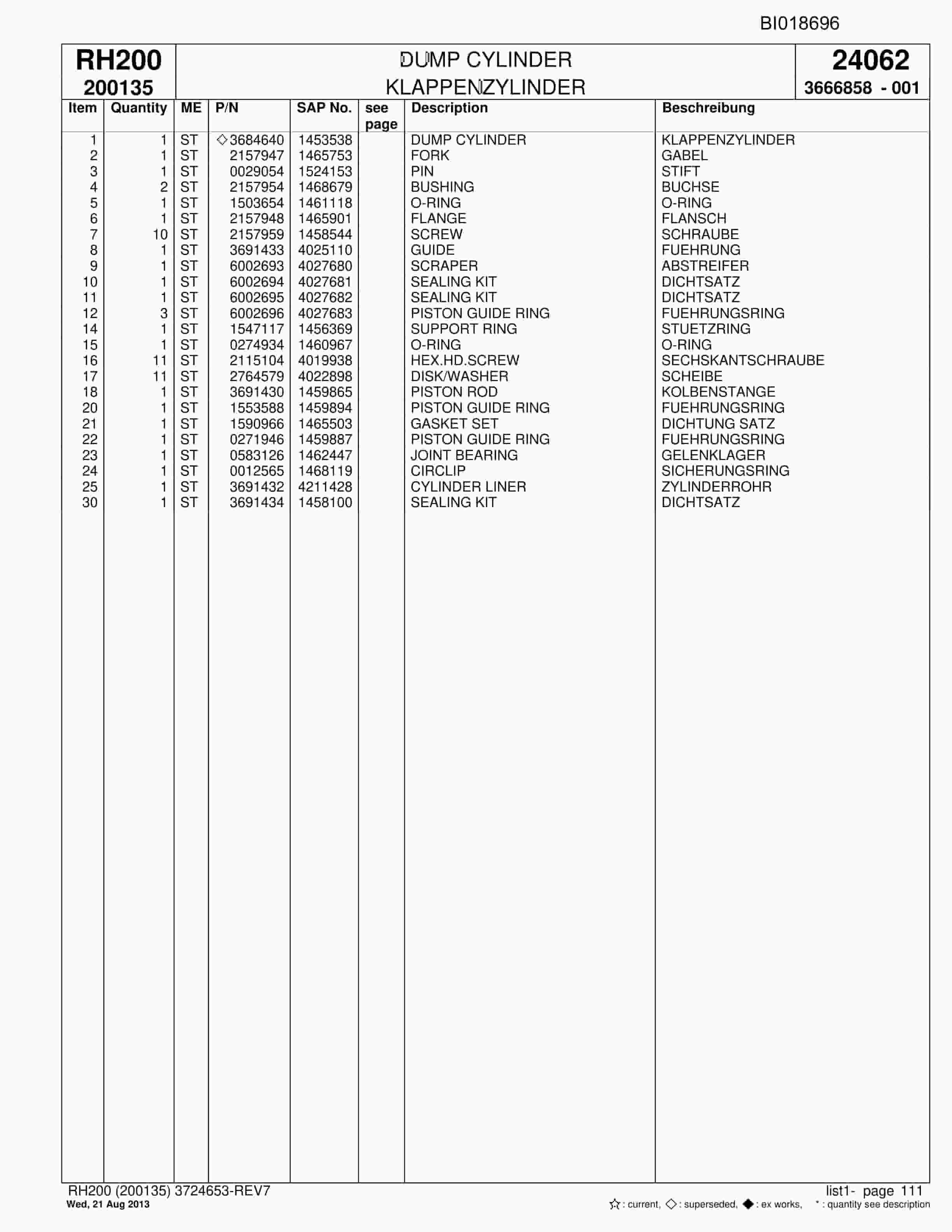 Bucyrus RH200 Hydraulic Excavator Parts Catalog BI018696-3
