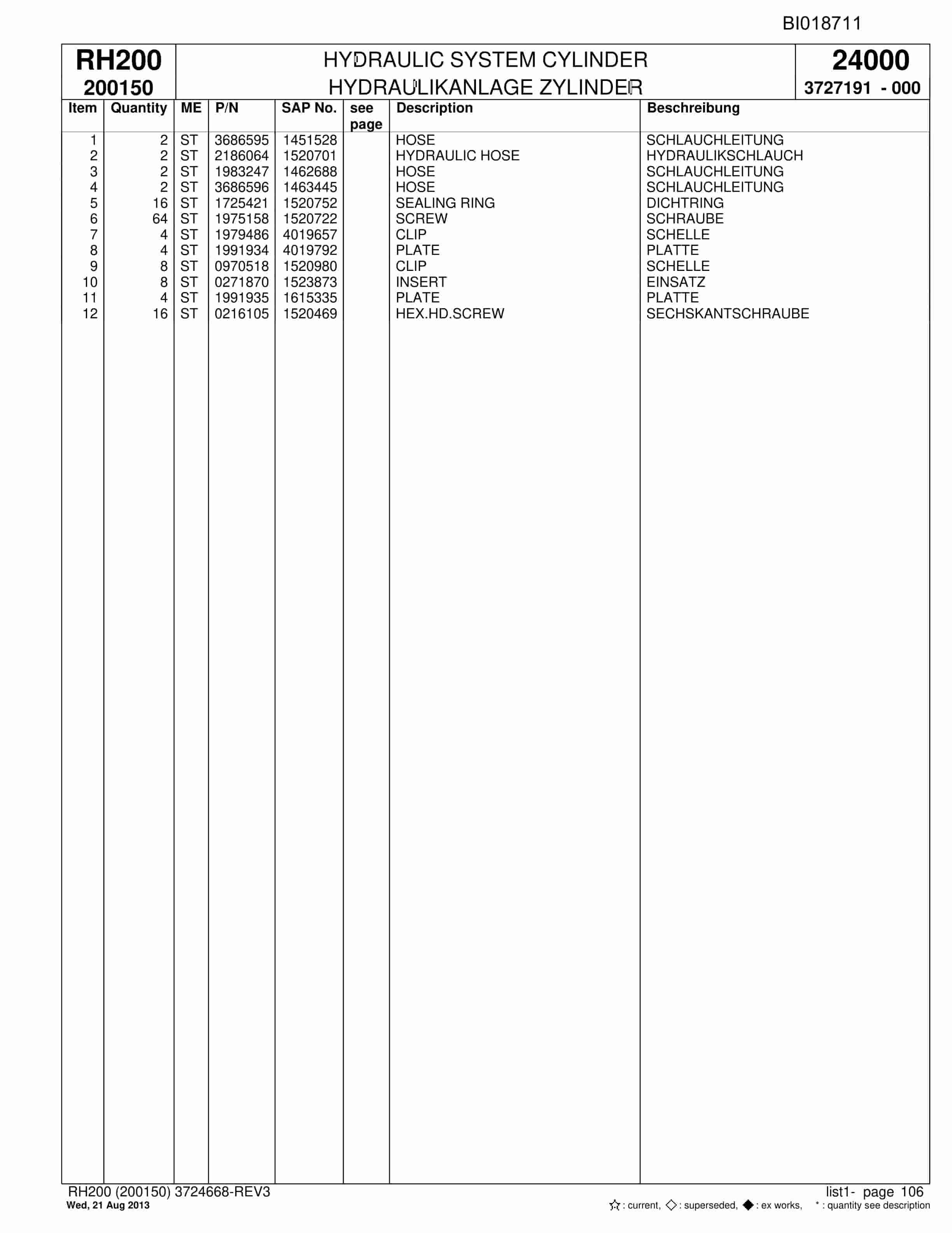 Bucyrus RH200 Hydraulic Excavator Parts Catalog BI018711-3