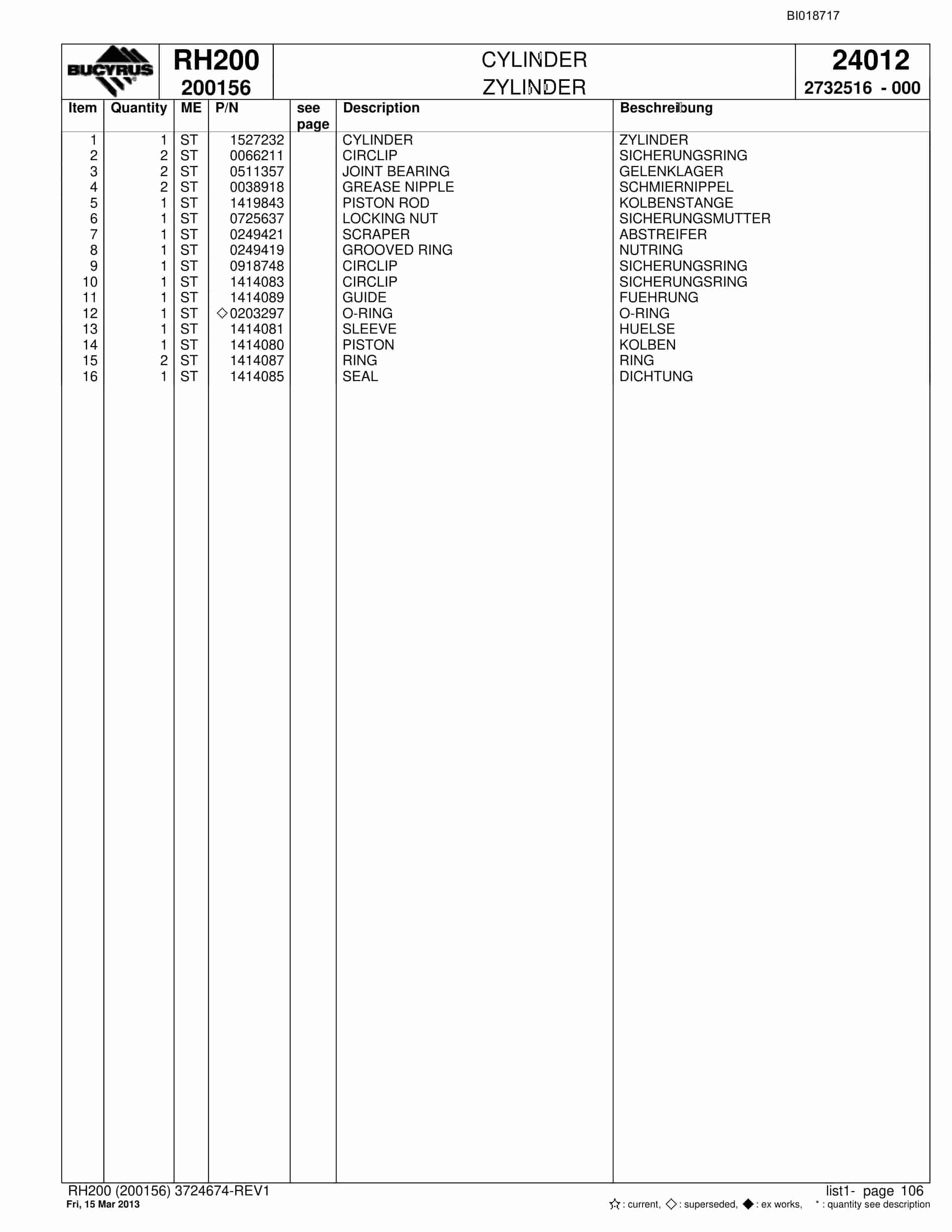 Bucyrus RH200 Hydraulic Excavator Parts Catalog BI018717-3