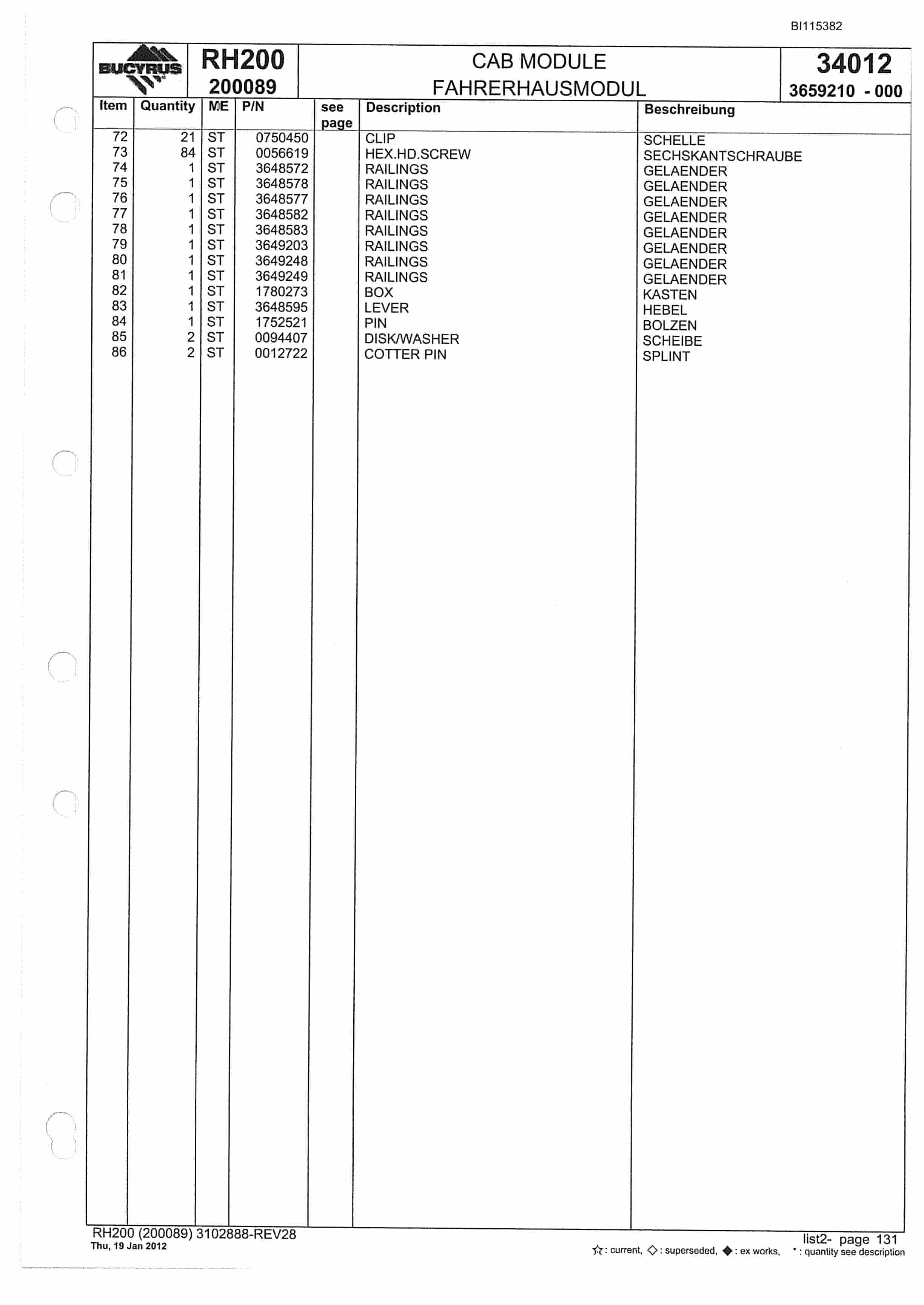 Bucyrus RH200 Hydraulic Excavator Parts Catalog BI115382-5