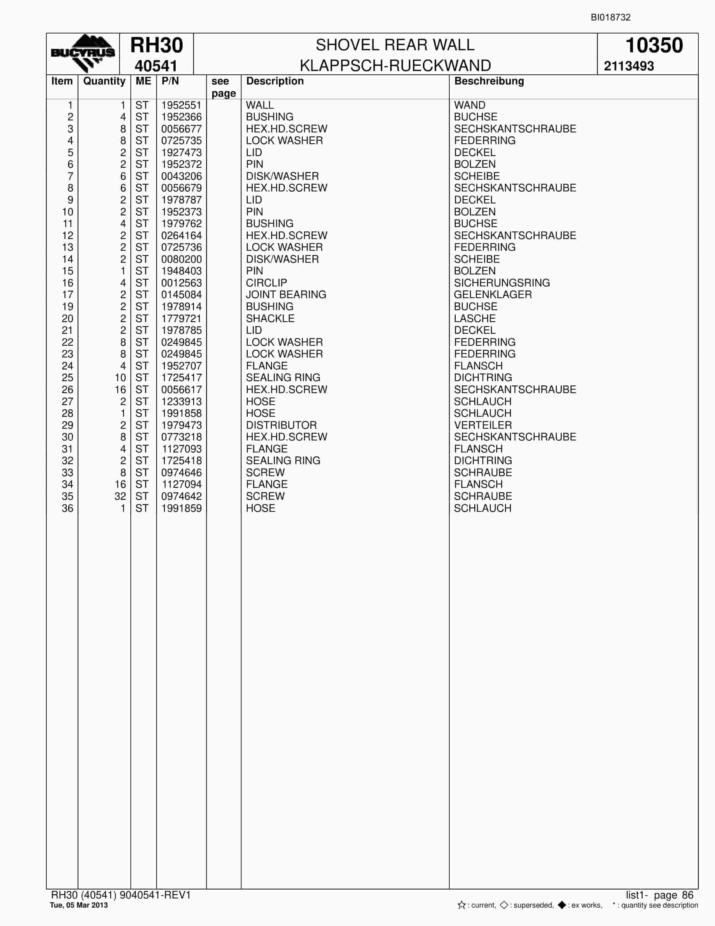Bucyrus RH30 Hydraulic Excavator Parts Catalog BI018732-5