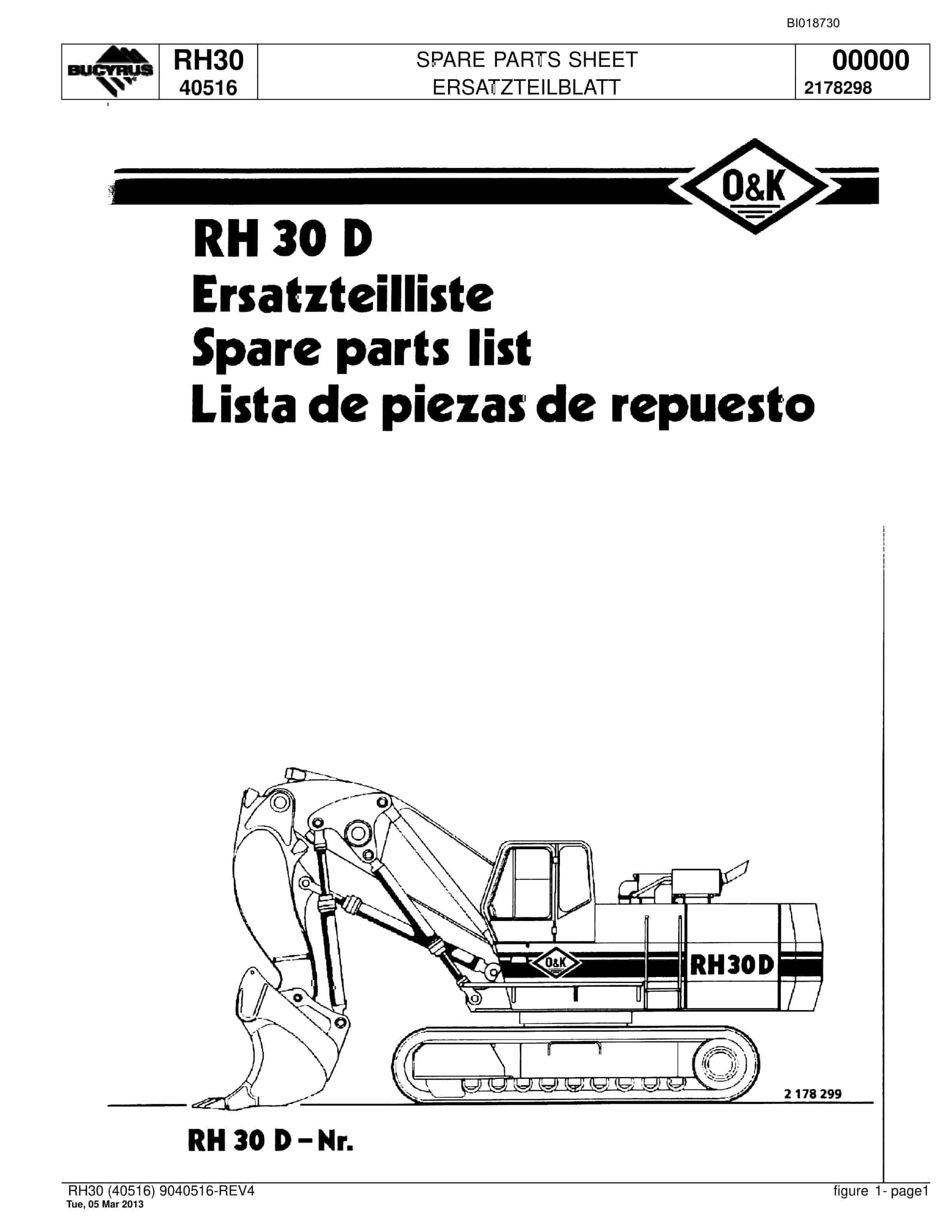 Bucyrus RH30 Hydraulic Excavator Spare Parts List BI018730