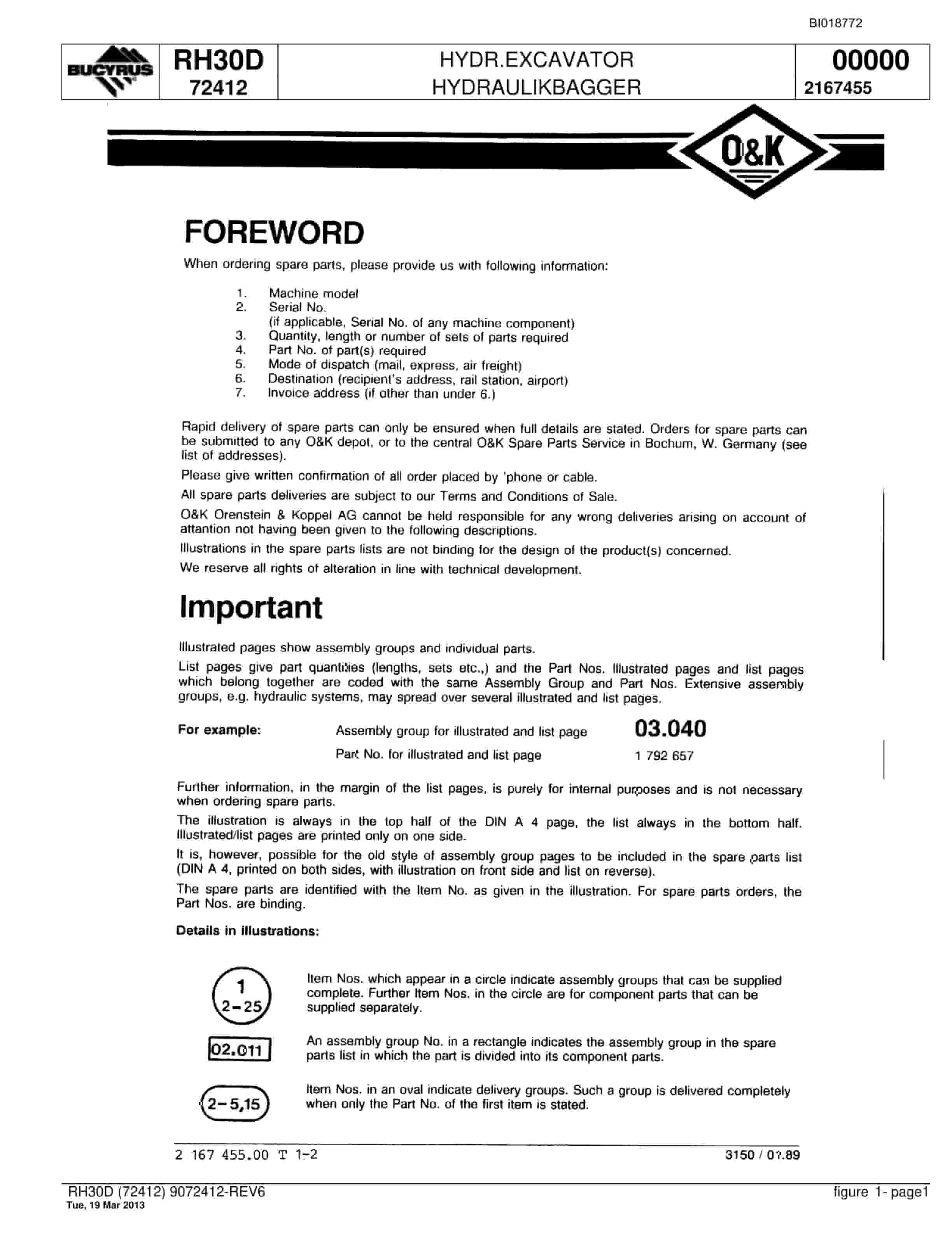 Bucyrus RH30D Hydraulic Excavator Parts Catalog BI018772
