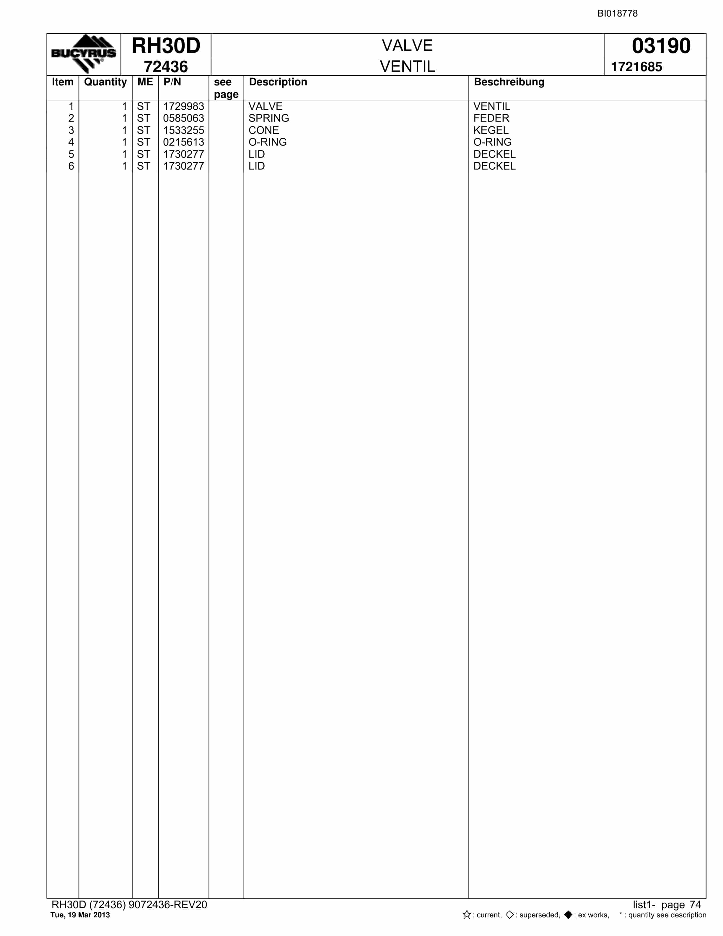Bucyrus RH30D Hydraulic Excavator Parts Catalog BI018778-4