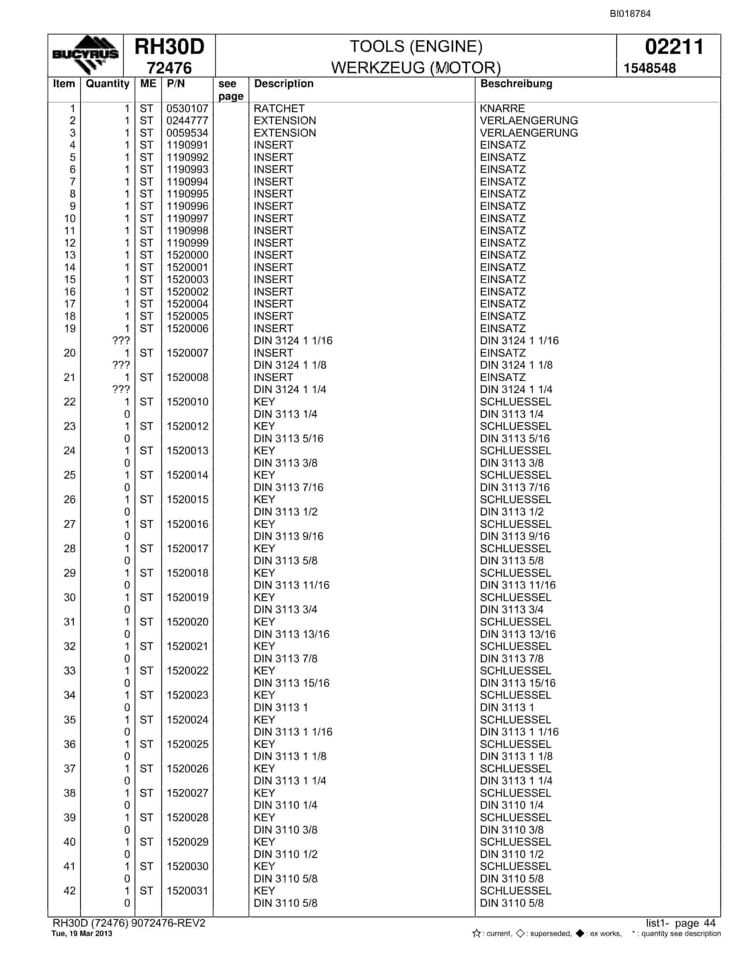 Bucyrus RH30D Hydraulic Excavator Parts Catalog BI018784-2