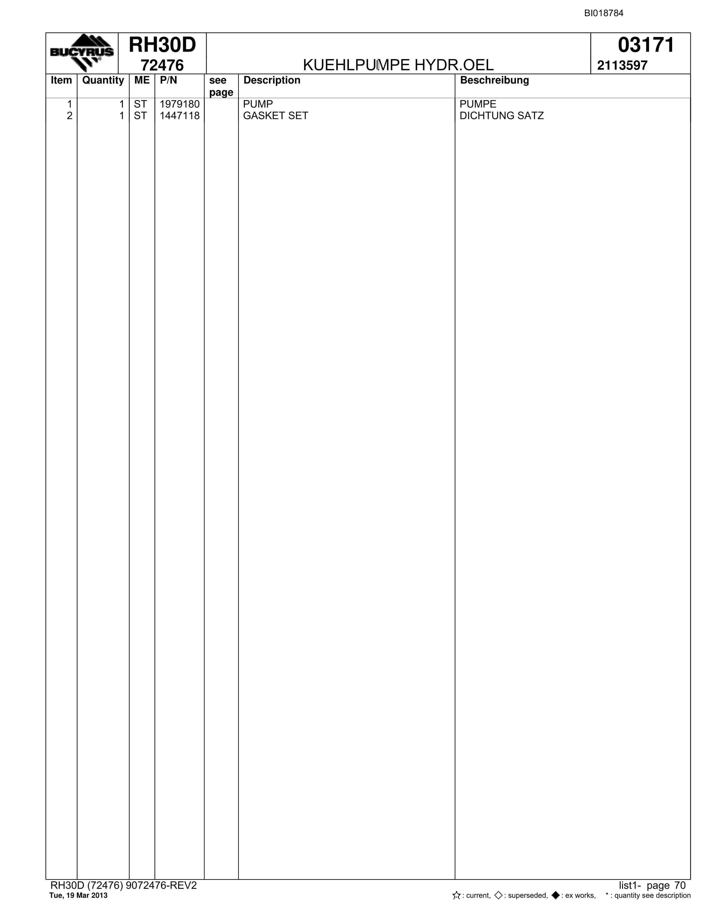 Bucyrus RH30D Hydraulic Excavator Parts Catalog BI018784-5