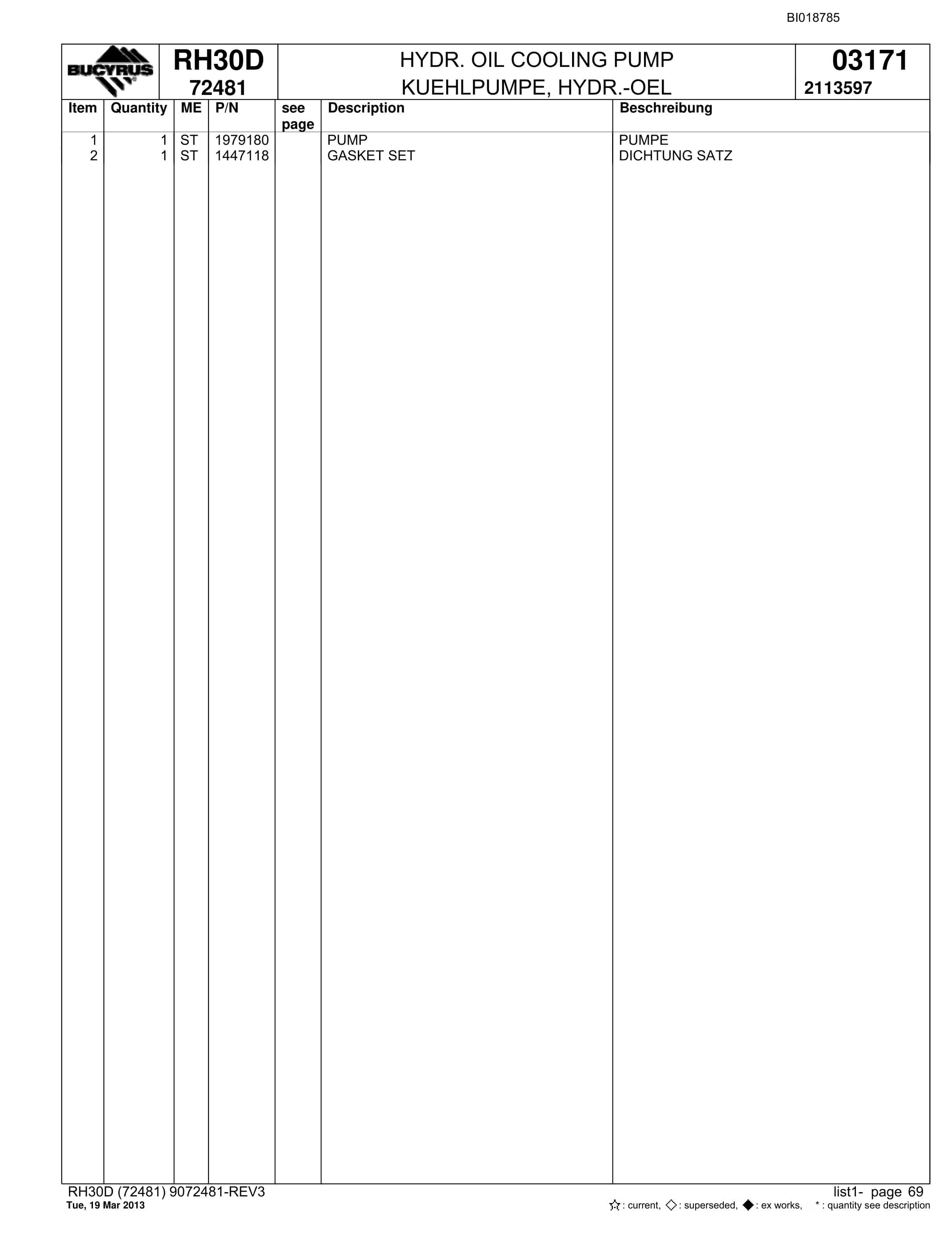 Bucyrus RH30D Hydraulic Excavator Parts Catalog BI018785-5