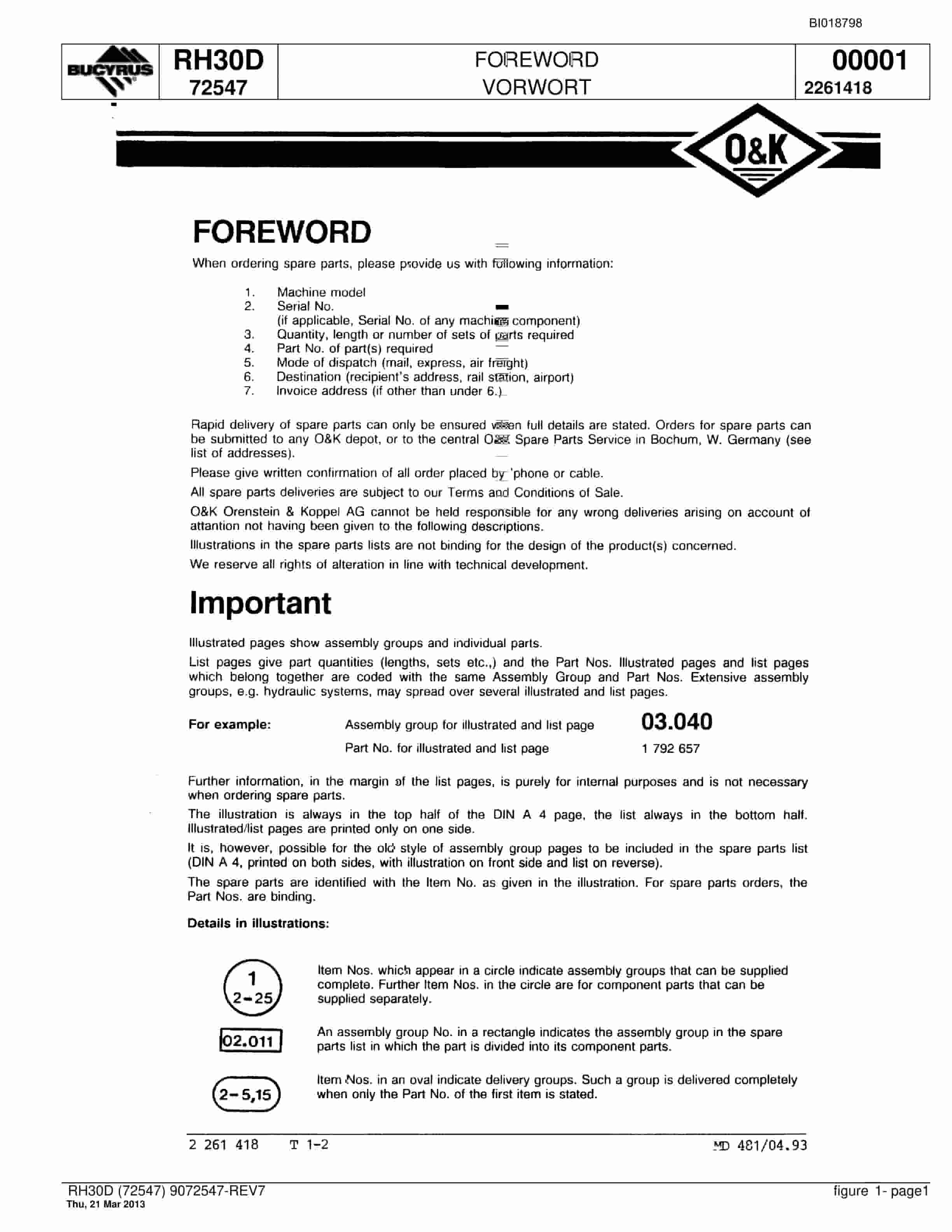 Bucyrus RH30D Hydraulic Excavator Parts Catalog BI018798
