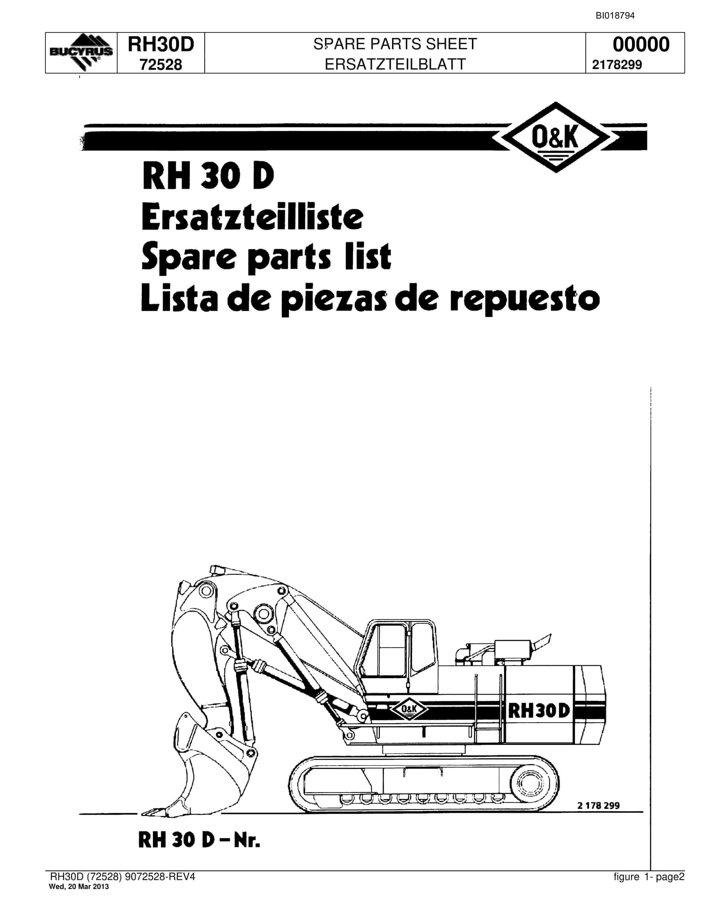 Bucyrus RH30D Hydraulic Excavator Spare Parts List BI018794