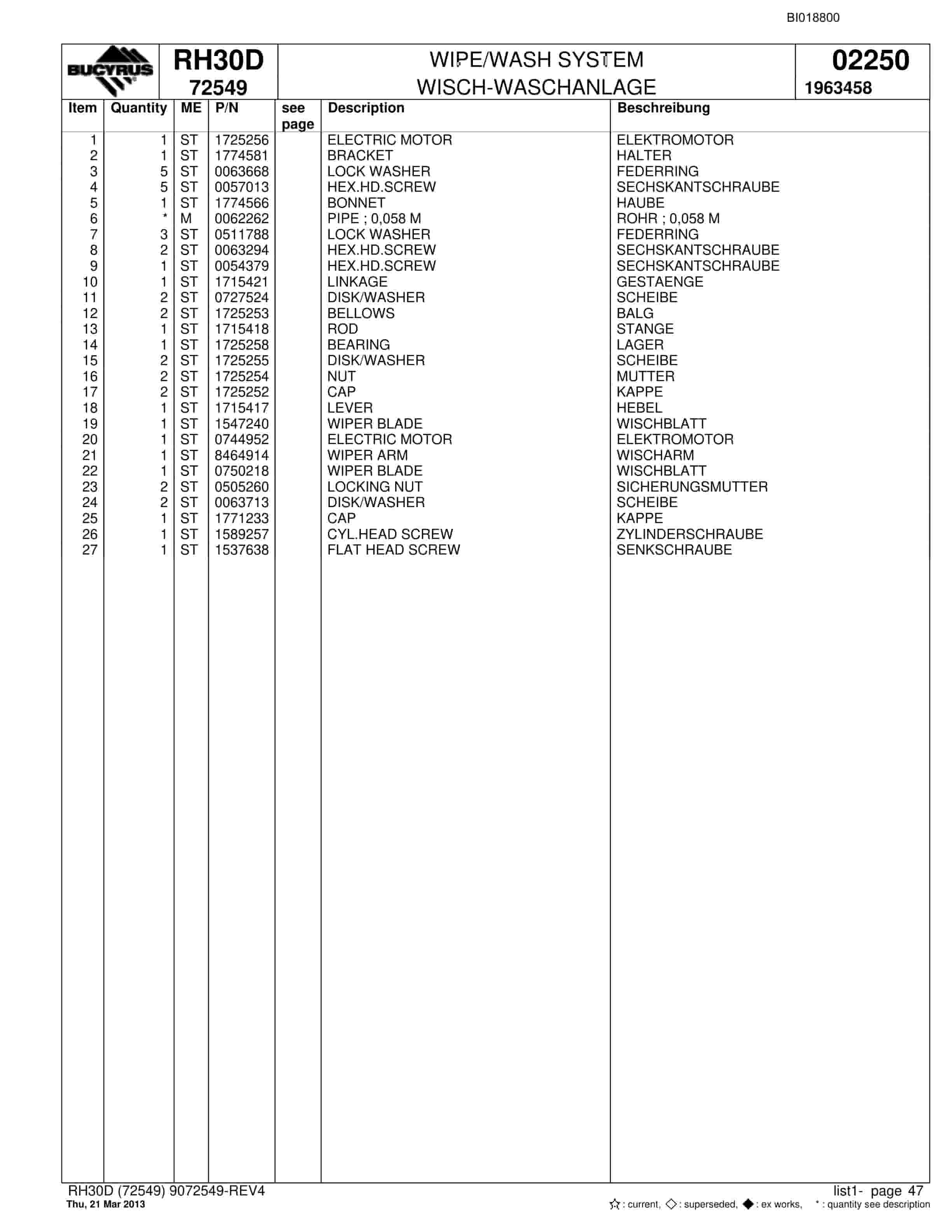 Bucyrus RH30D Hydraulic Excavator Spare Parts List BI018800-2
