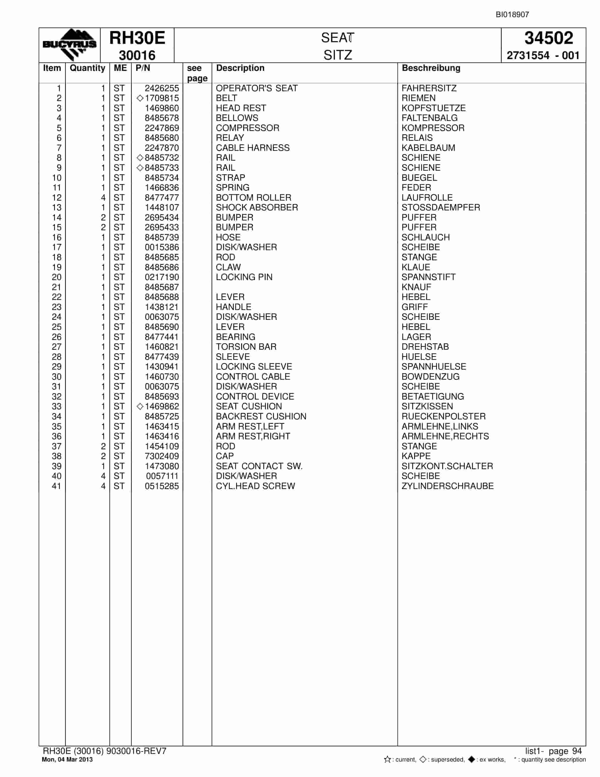 Bucyrus RH30E Hydraulic Excavator Parts Catalog BI018907-5