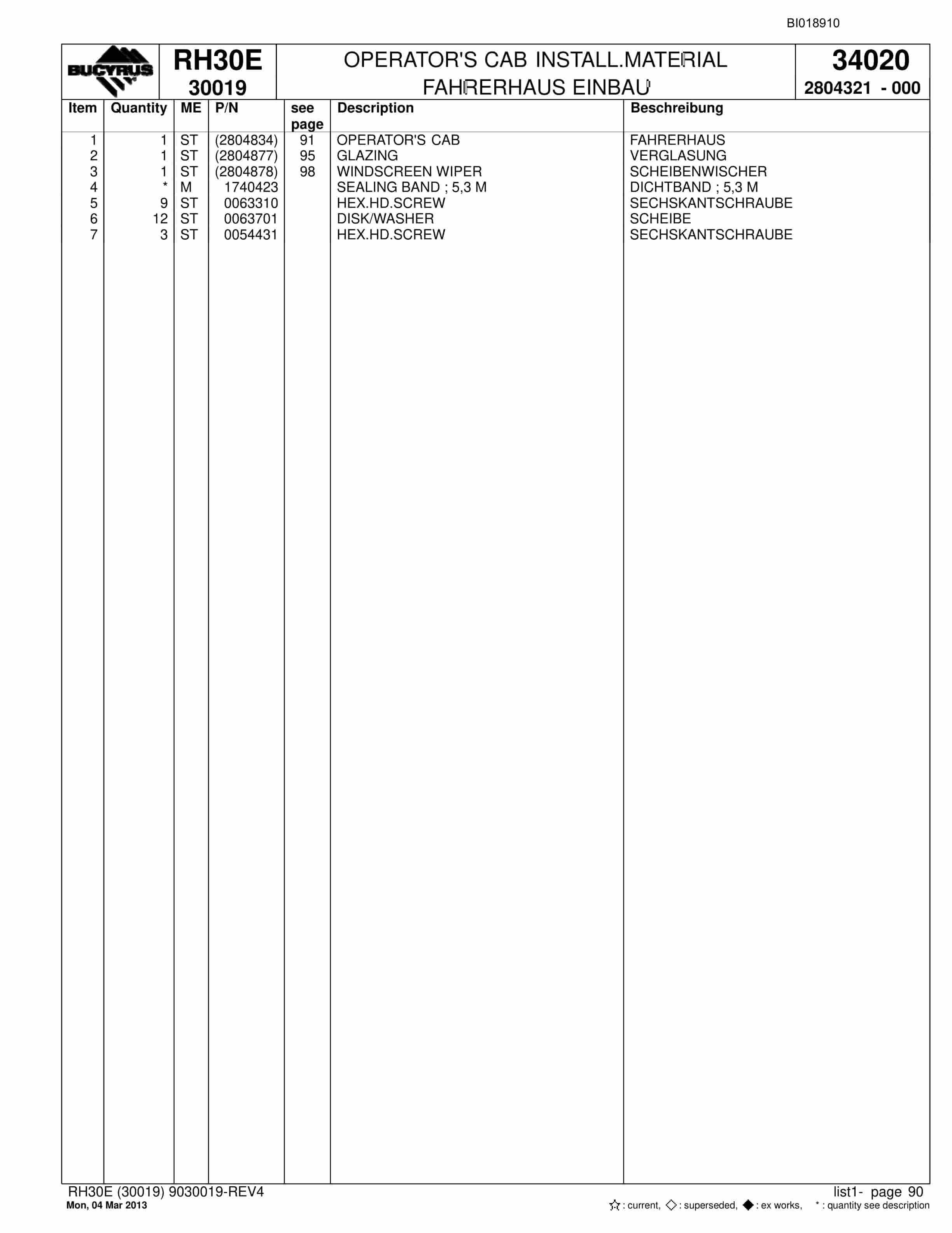 Bucyrus RH30E Hydraulic Excavator Parts Catalog BI018910-4