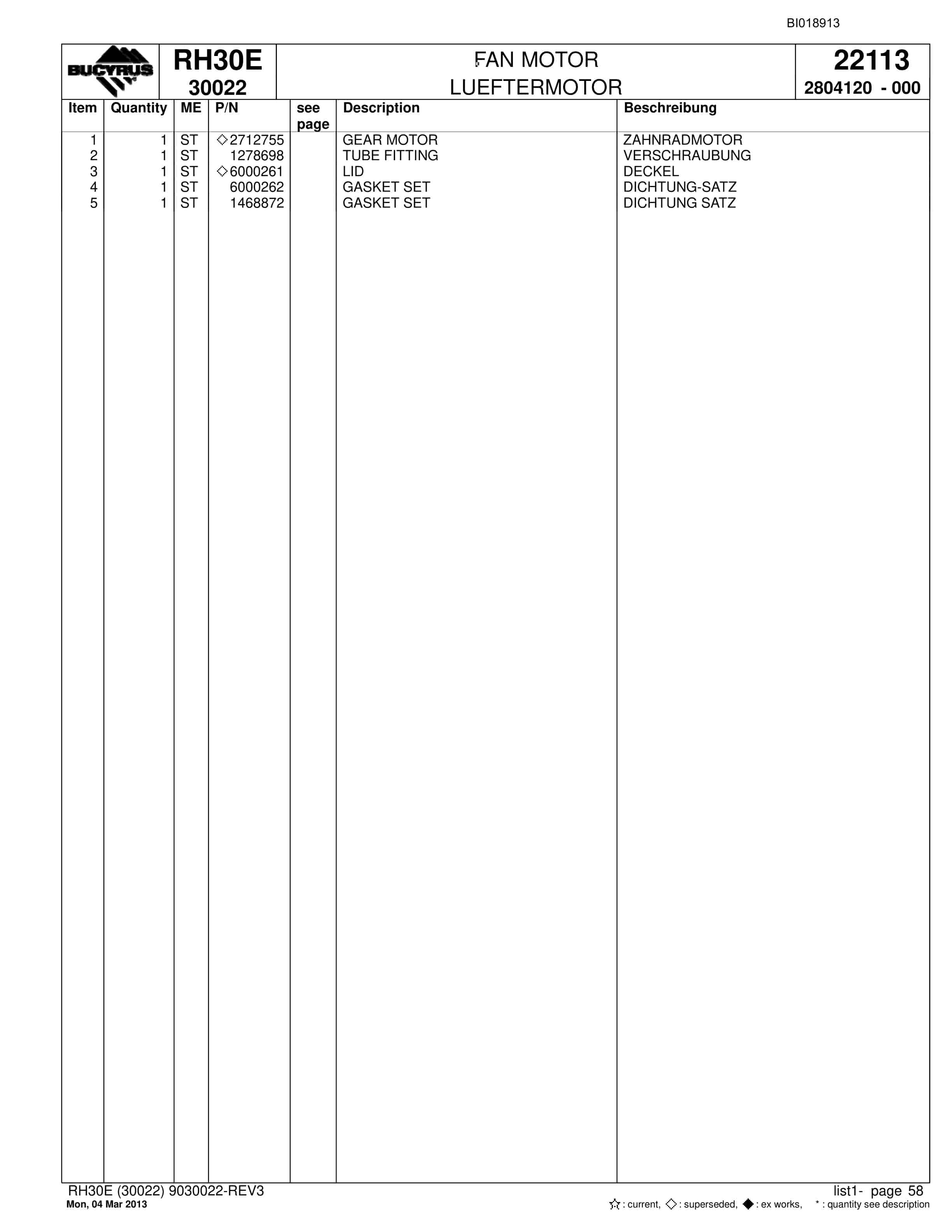 Bucyrus RH30E Hydraulic Excavator Parts Catalog BI018913-2