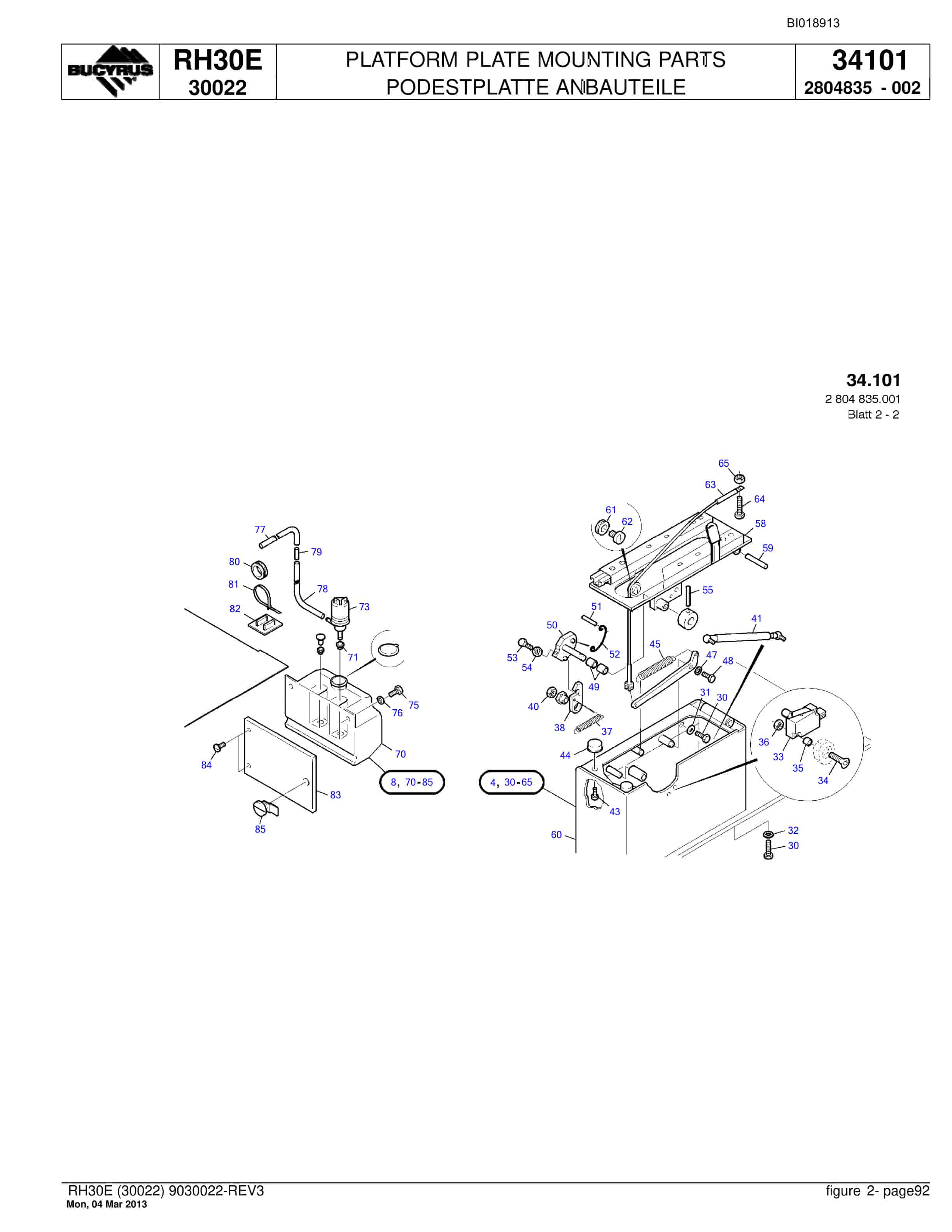 Bucyrus RH30E Hydraulic Excavator Parts Catalog BI018913-5