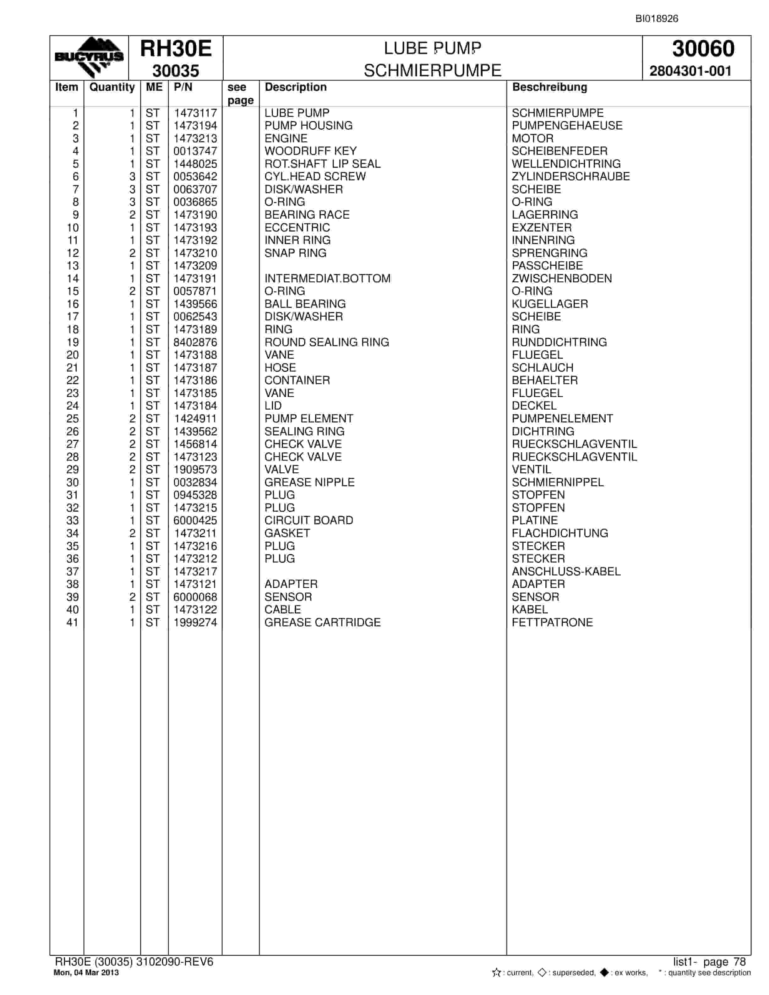 Bucyrus RH30E Hydraulic Excavator Parts Catalog BI018926-3