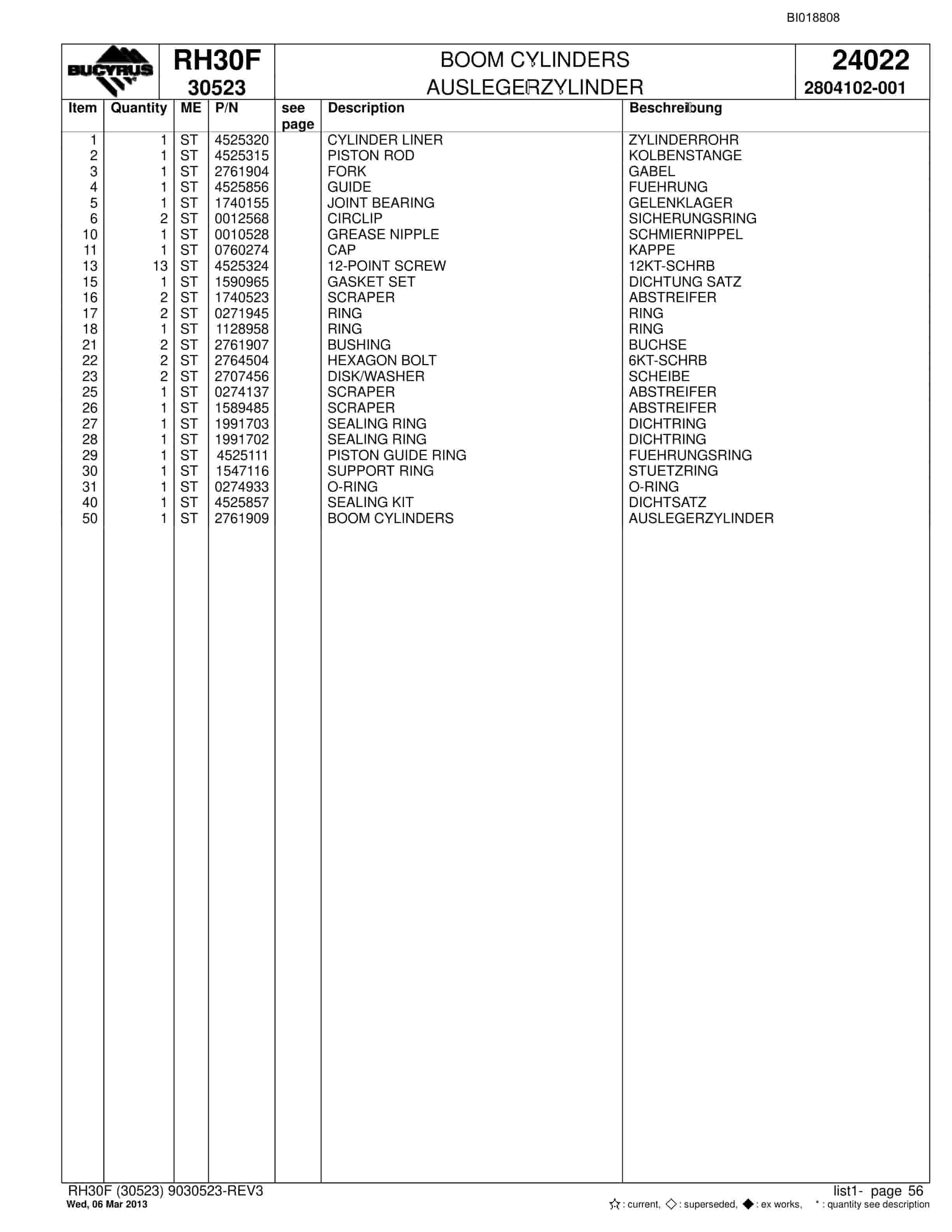 Bucyrus RH30F Hydraulic Excavator Parts Catalog BI018808-2