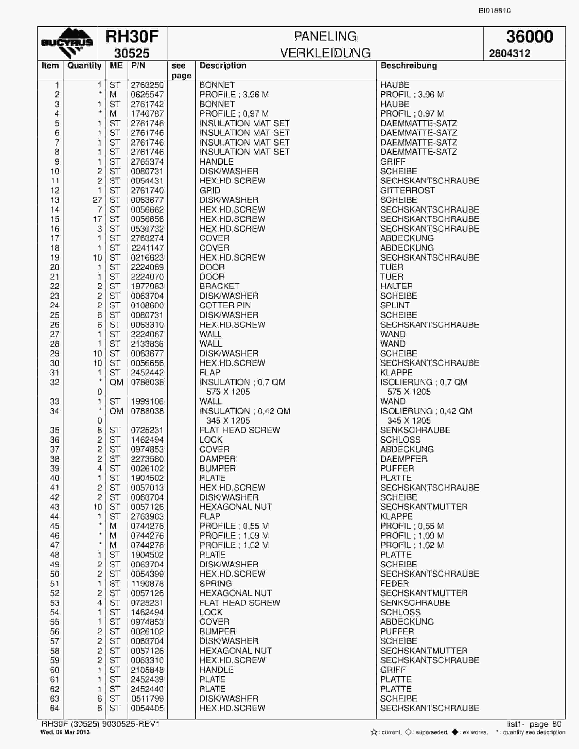 Bucyrus RH30F Hydraulic Excavator Parts Catalog BI018810-5
