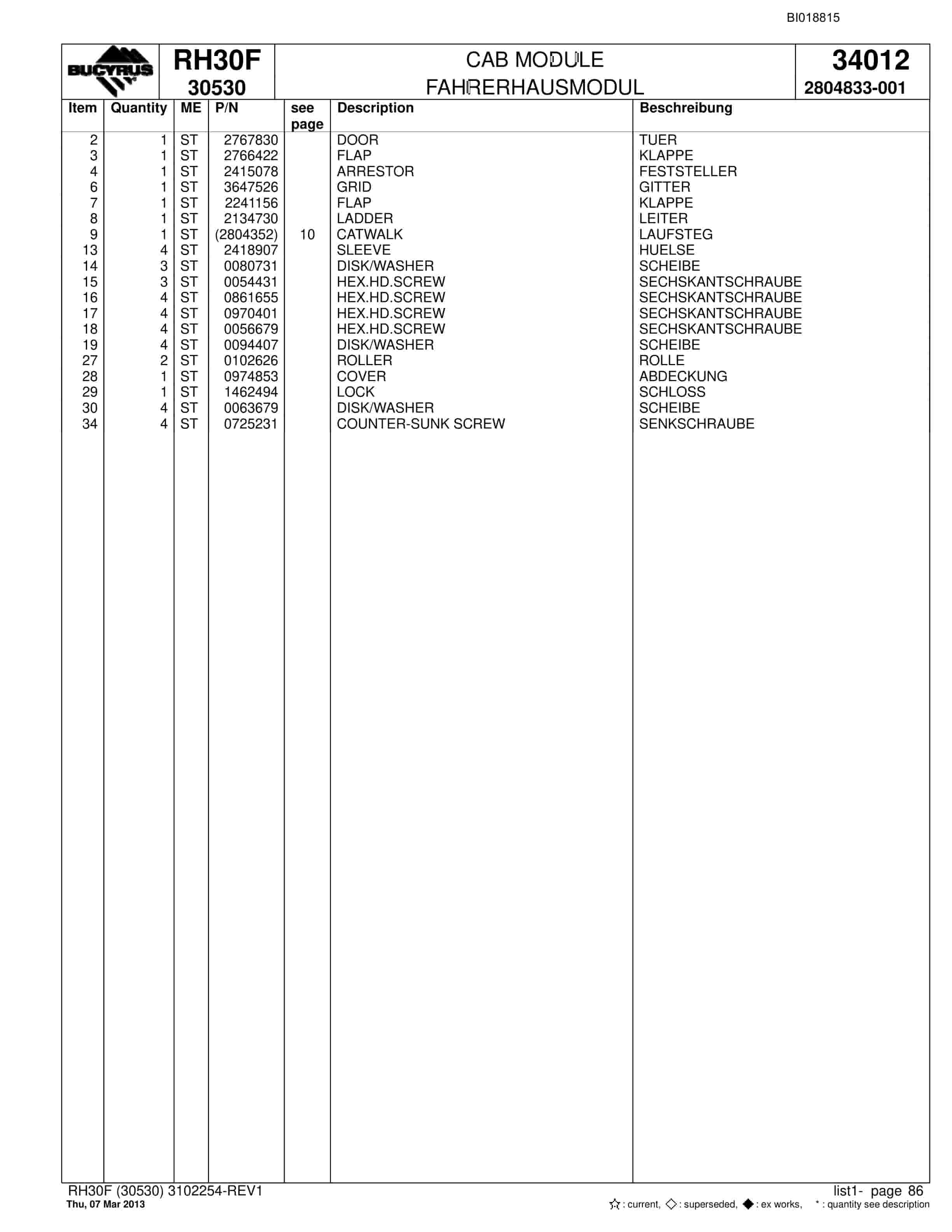 Bucyrus RH30F Hydraulic Excavator Parts Catalog BI018815-4