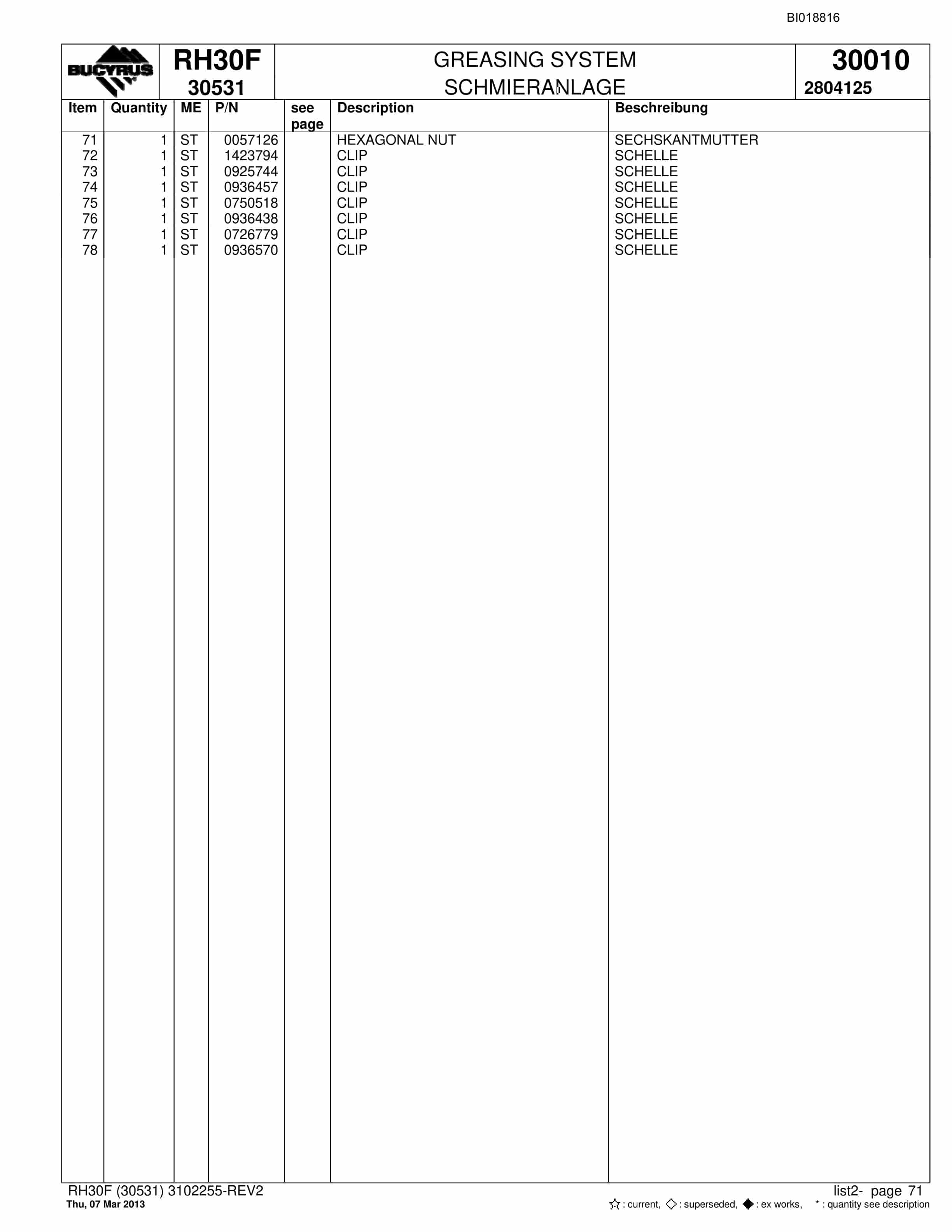 Bucyrus RH30F Hydraulic Excavator Parts Catalog BI018816-3