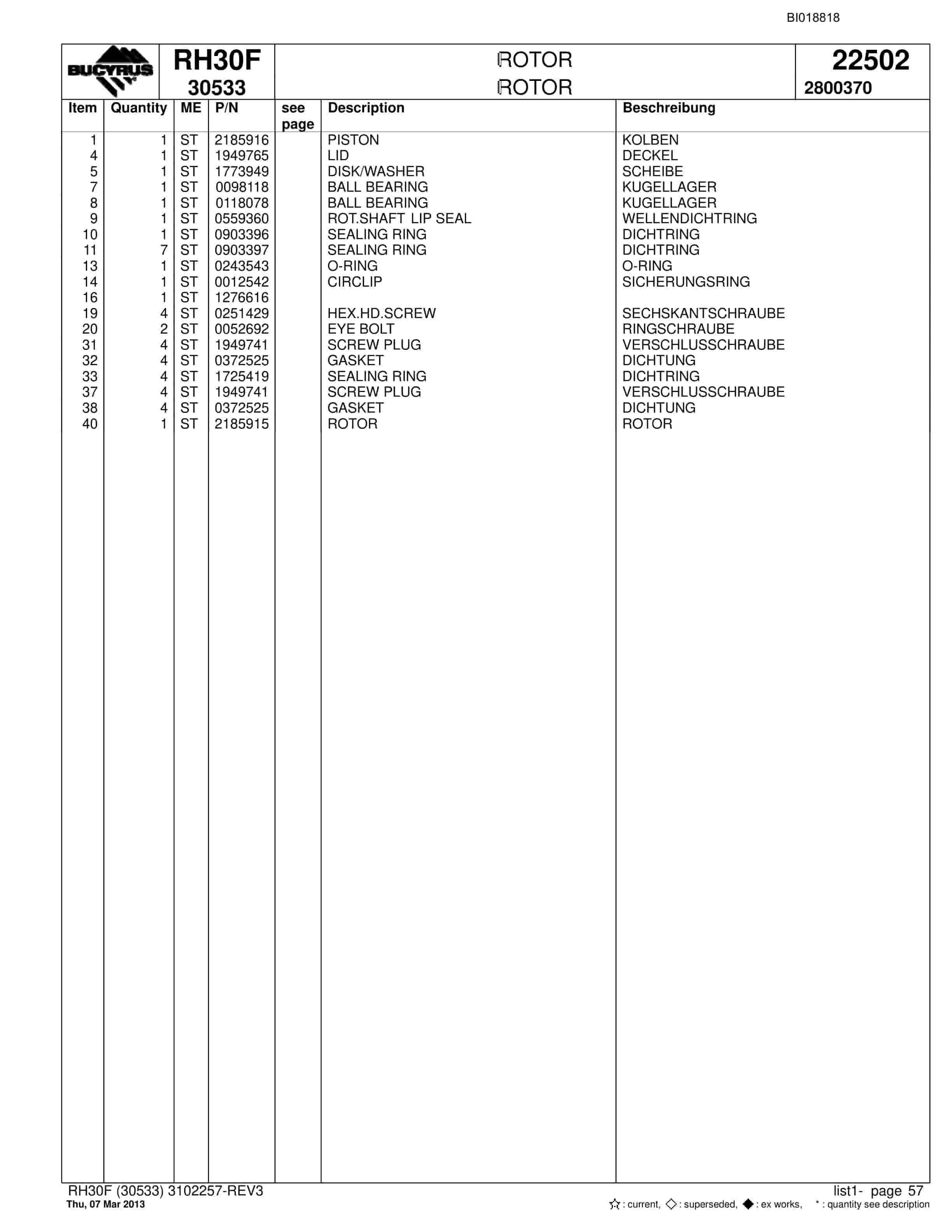 Bucyrus RH30F Hydraulic Excavator Parts Catalog BI018818-2
