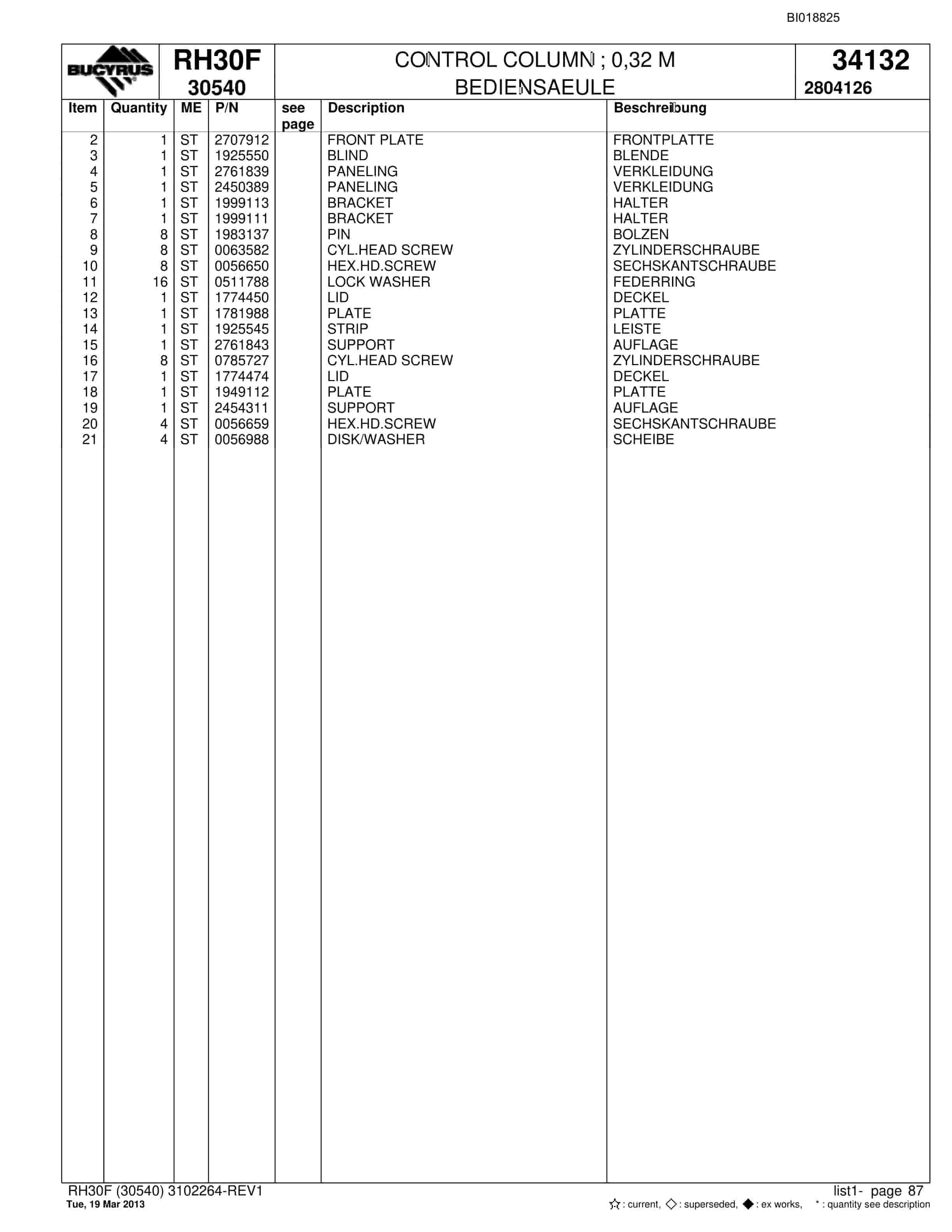 Bucyrus RH30F Hydraulic Excavator Parts Catalog BI018825-4