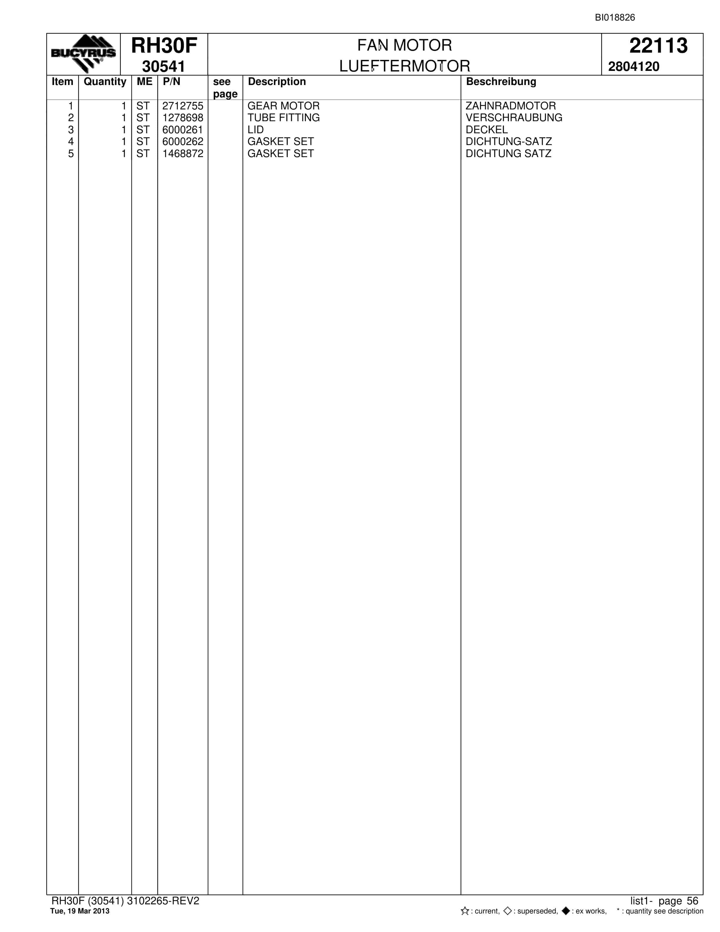 Bucyrus RH30F Hydraulic Excavator Parts Catalog BI018826-2