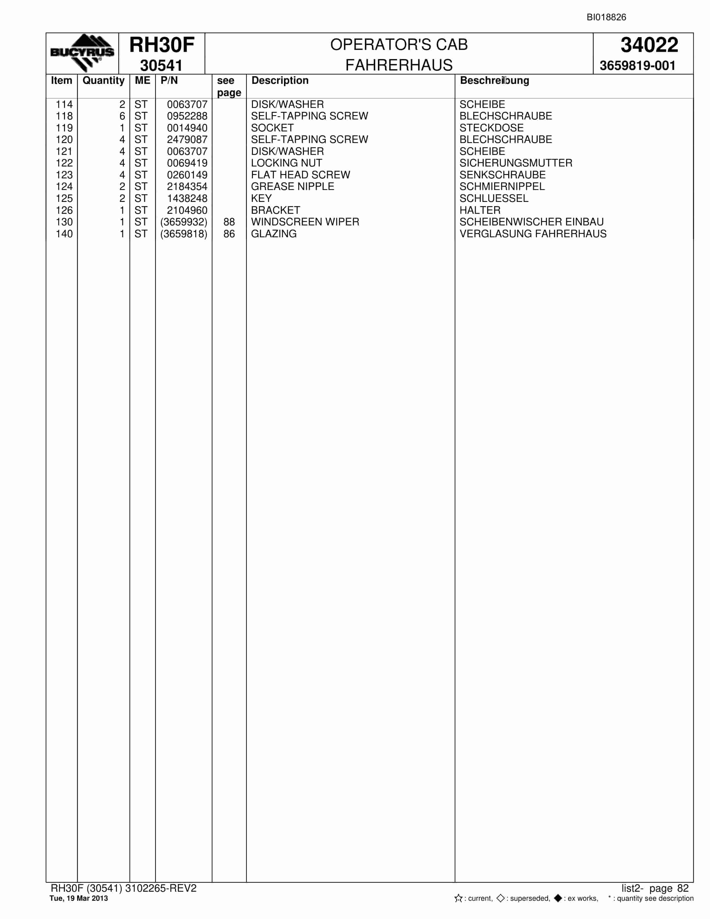 Bucyrus RH30F Hydraulic Excavator Parts Catalog BI018826-4