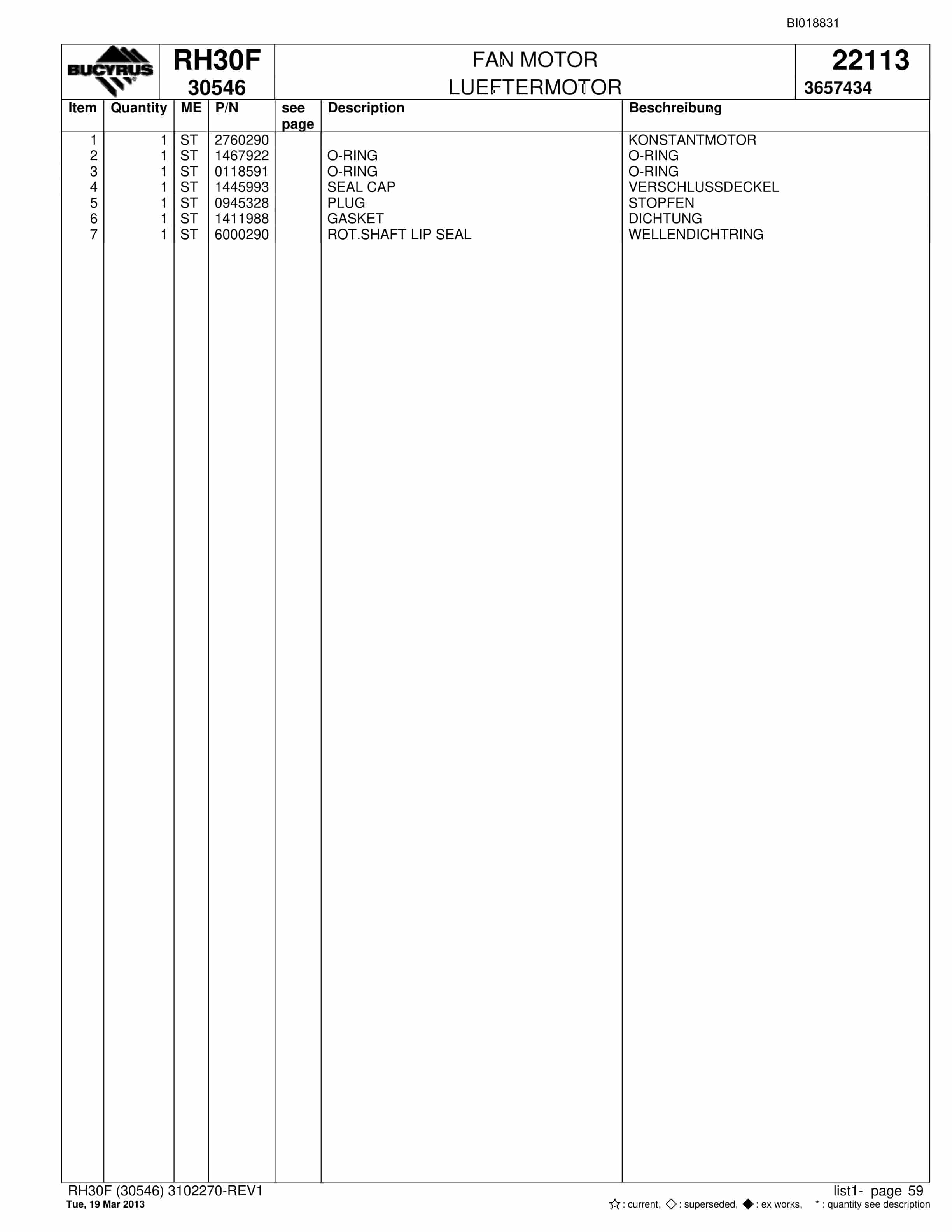 Bucyrus RH30F Hydraulic Excavator Parts Catalog BI018831-2