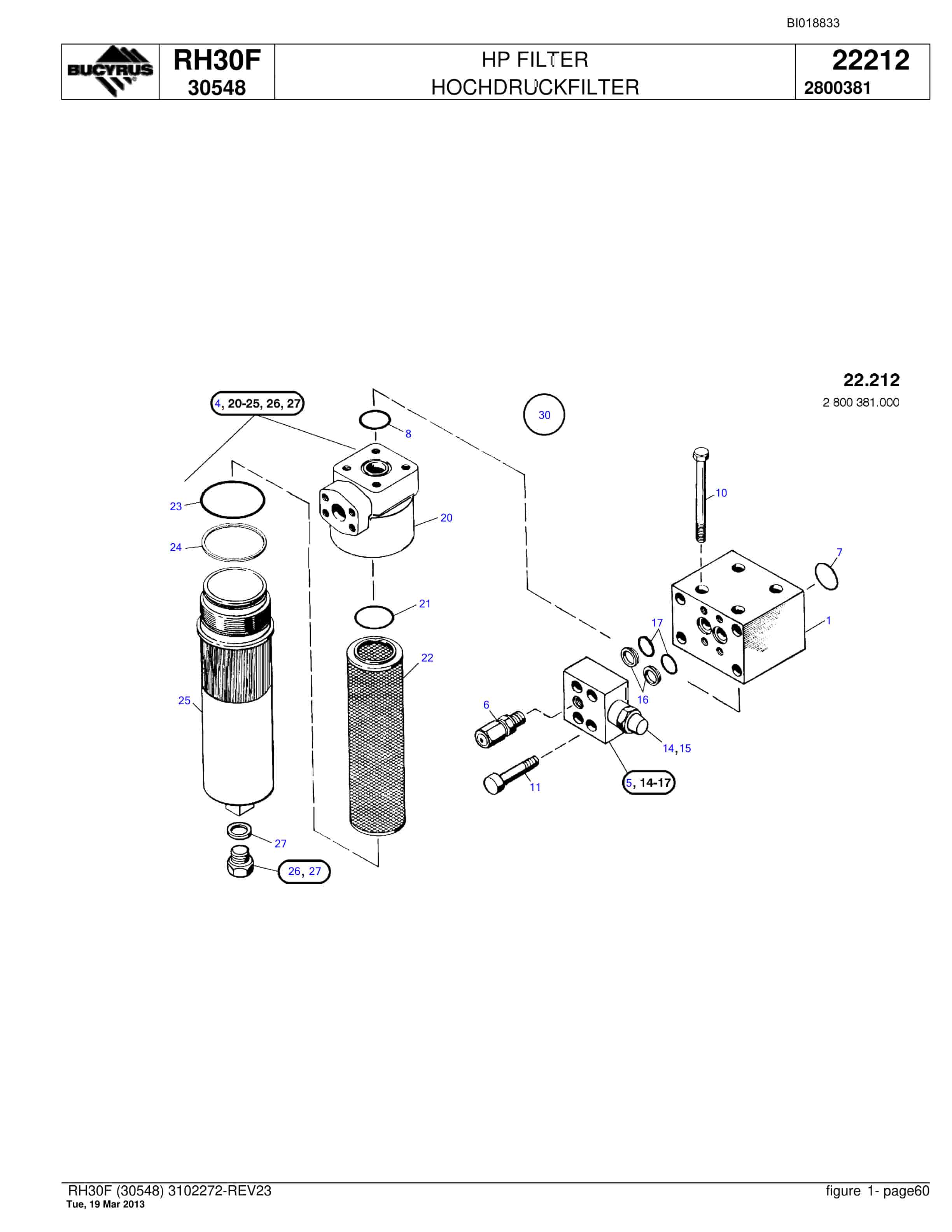 Bucyrus RH30F Hydraulic Excavator Parts Catalog BI018833-2