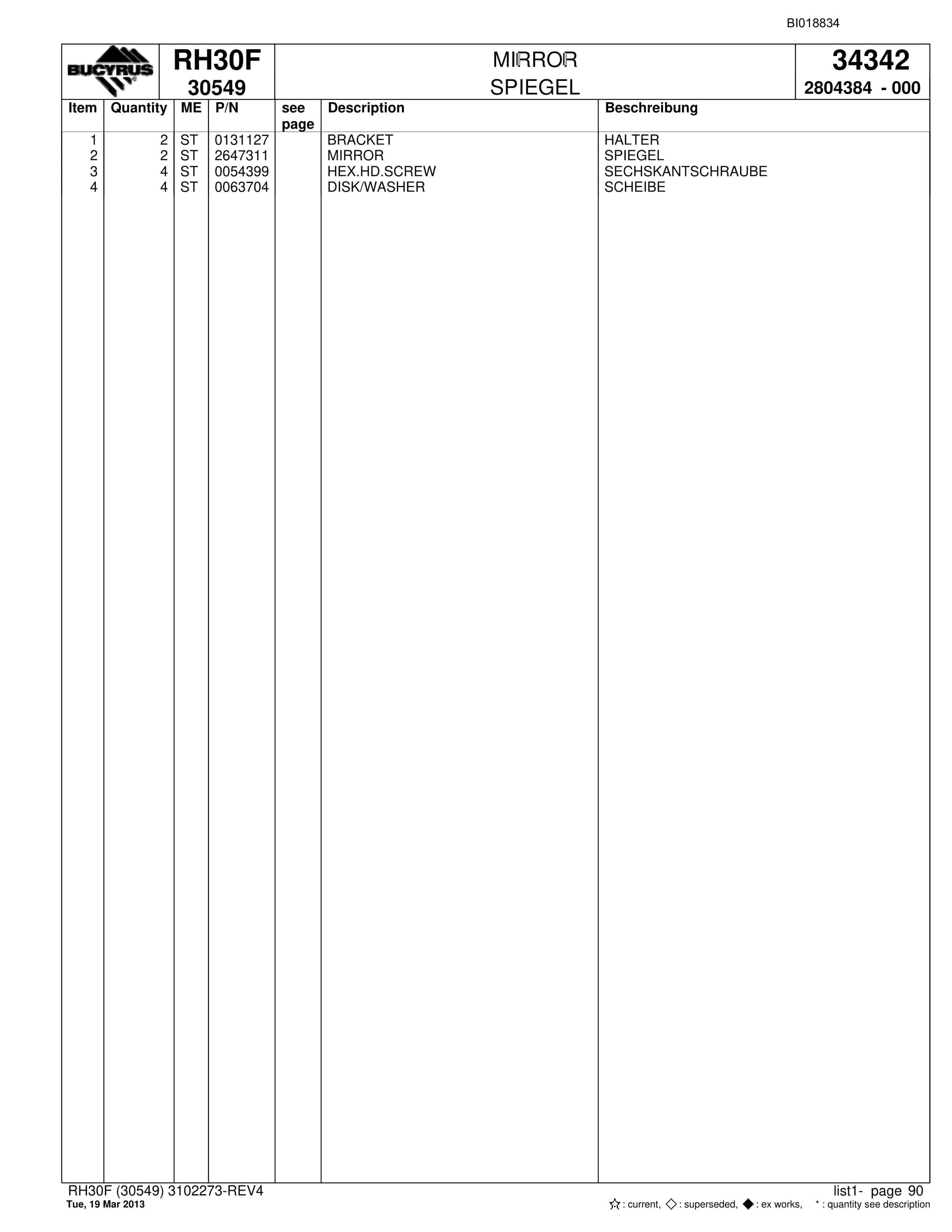 Bucyrus RH30F Hydraulic Excavator Parts Catalog BI018834-5