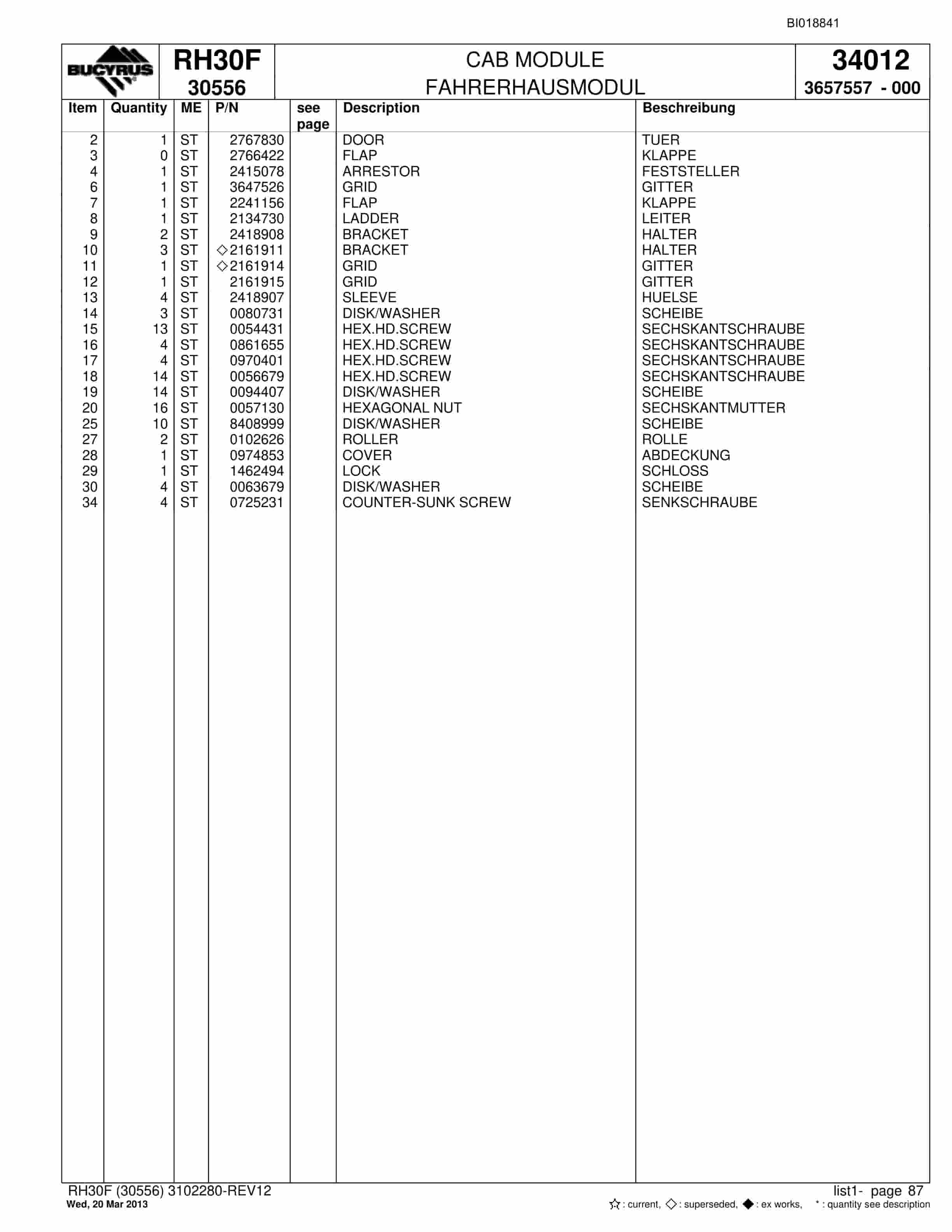 Bucyrus RH30F Hydraulic Excavator Parts Catalog BI018841-4