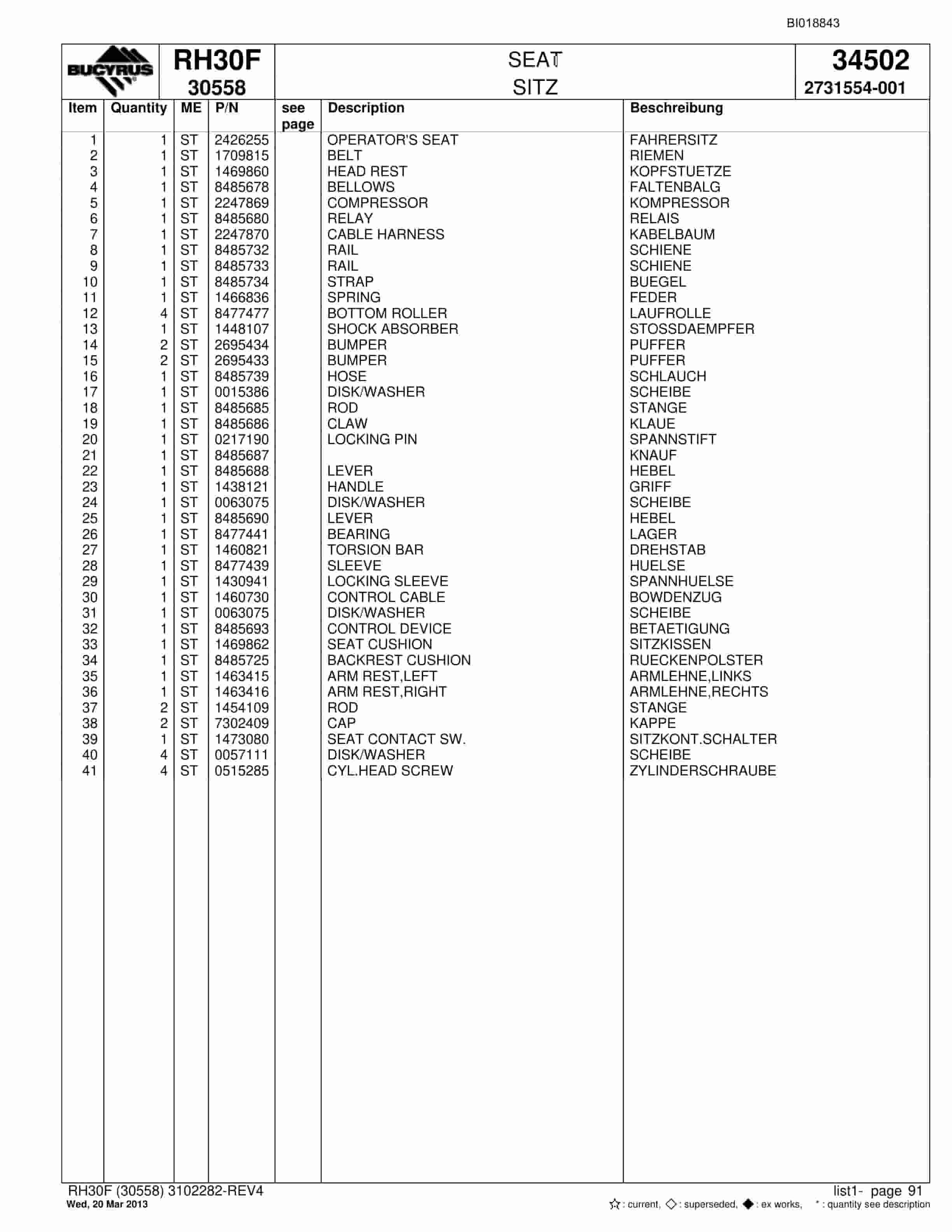 Bucyrus RH30F Hydraulic Excavator Parts Catalog BI018843-5